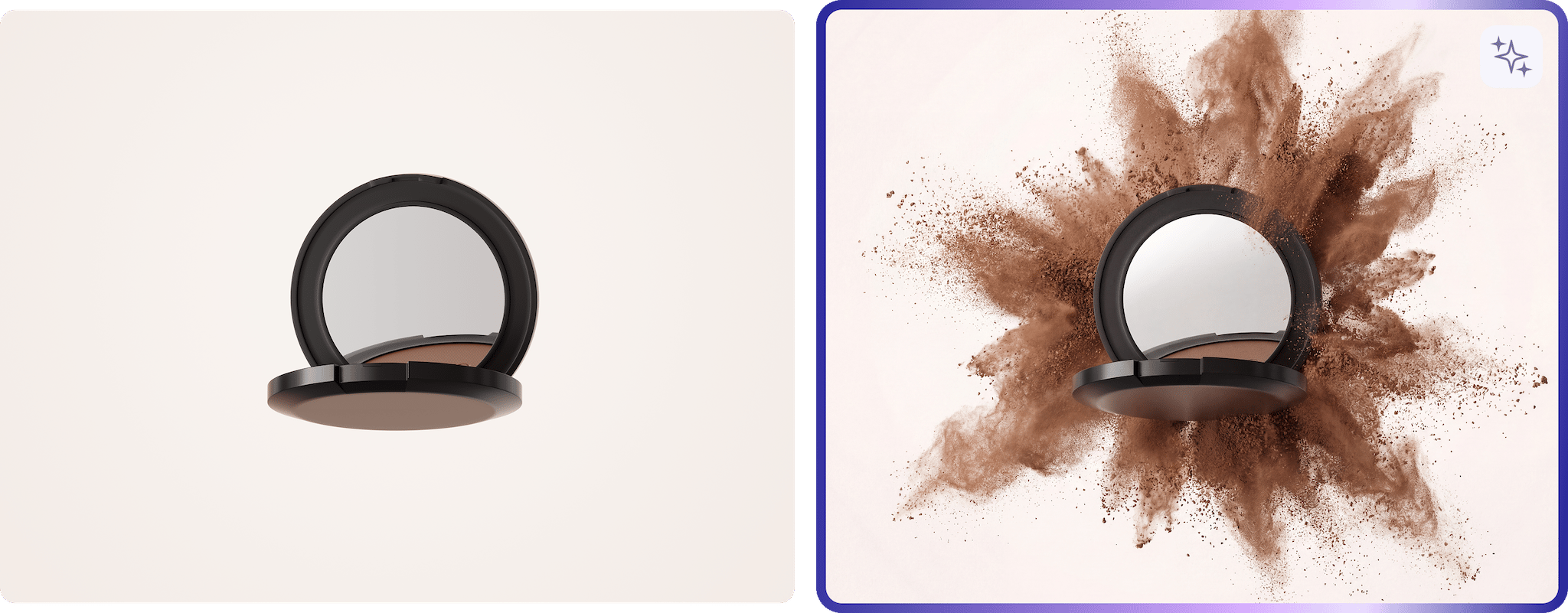 Before-and-after of a compact powder: plain studio shot next to a dramatic powder-burst scene from loomobox AI