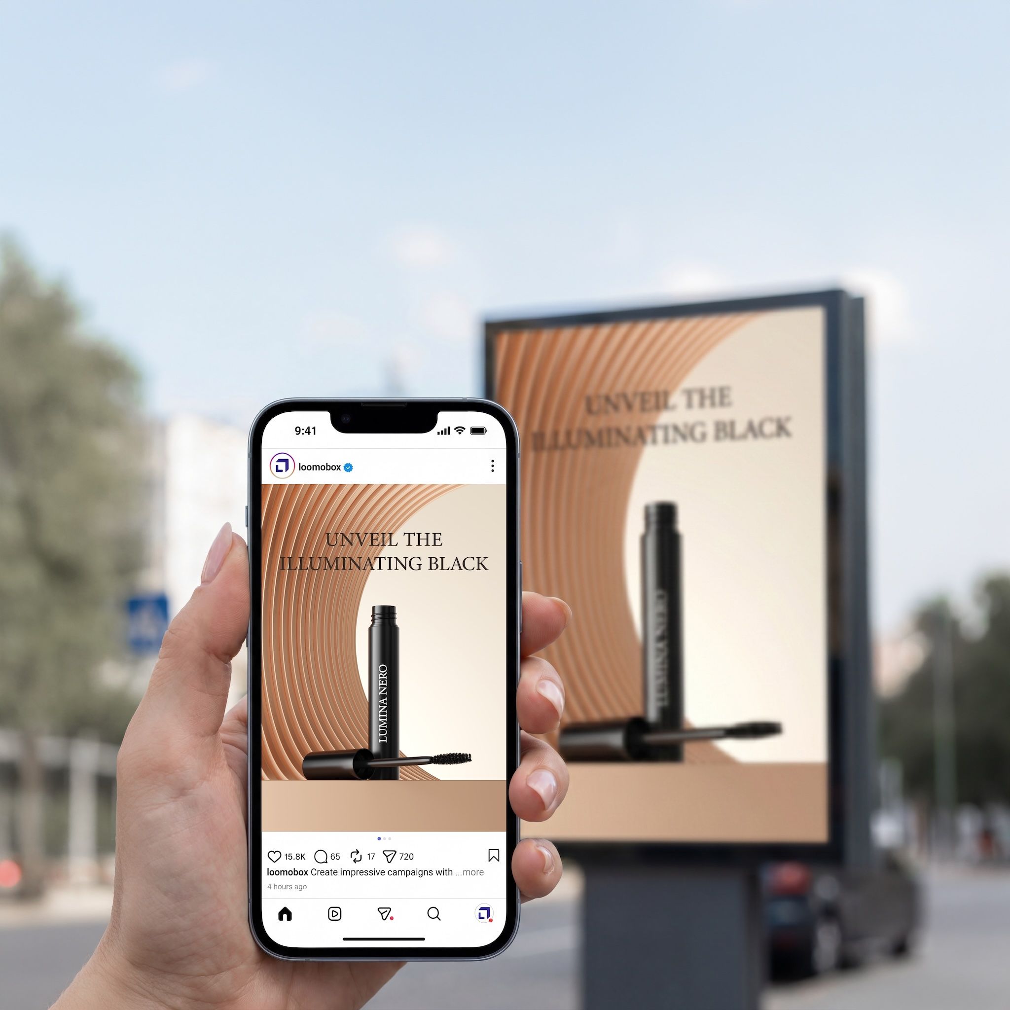 Phone with an Instagram mascara ad in front of a billboard showing the same loomobox-generated campaign visual