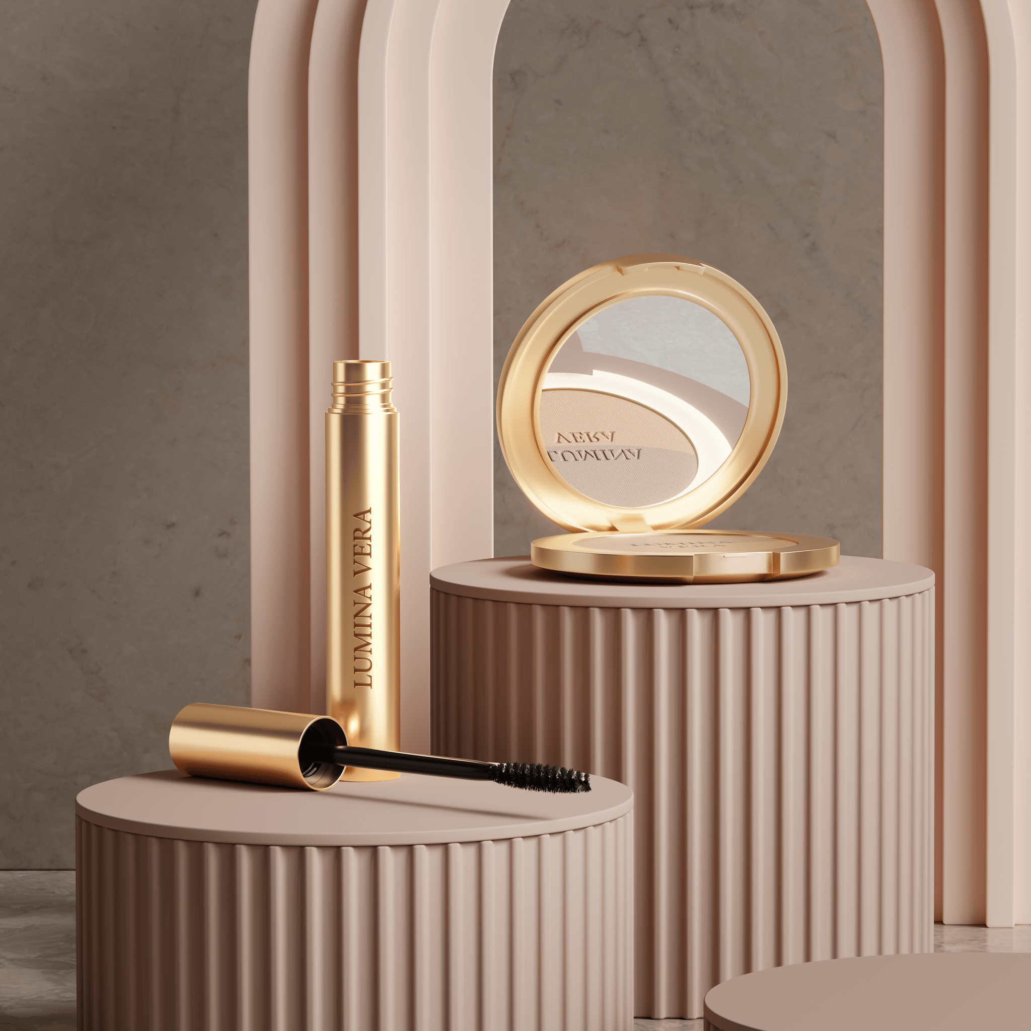 Gold Lumina Vera mascara and compact powder on blush-pink podiums with arches — cosmetics scene rendered with loomobox