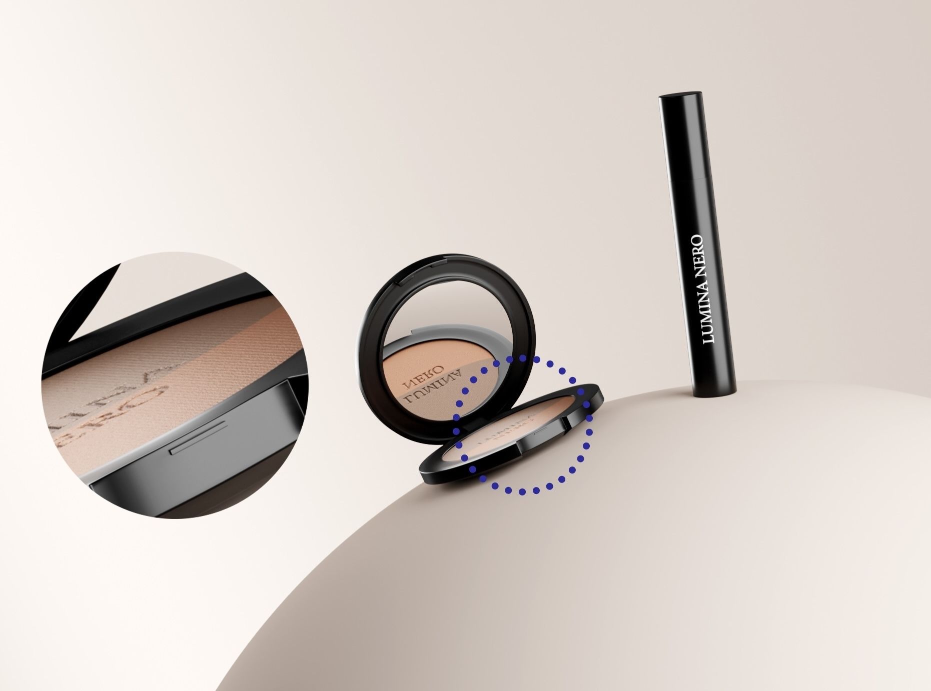 Compact powder and mascara on a curved beige surface with a magnified detail view — high-detail loomobox 3D render