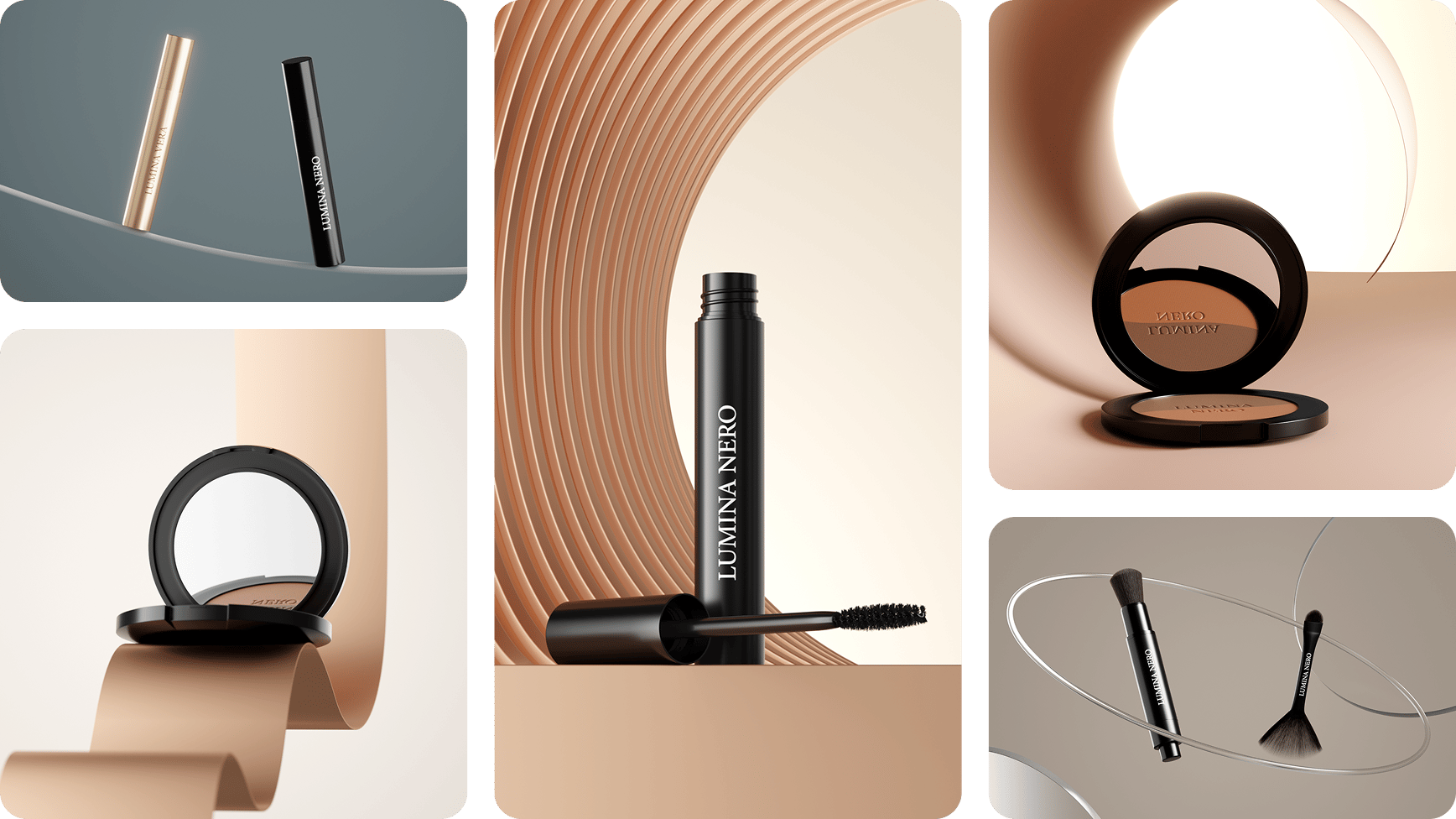 Collage of five studio scenes with mascara, compact powder and brushes — AI-generated cosmetics photos from loomobox