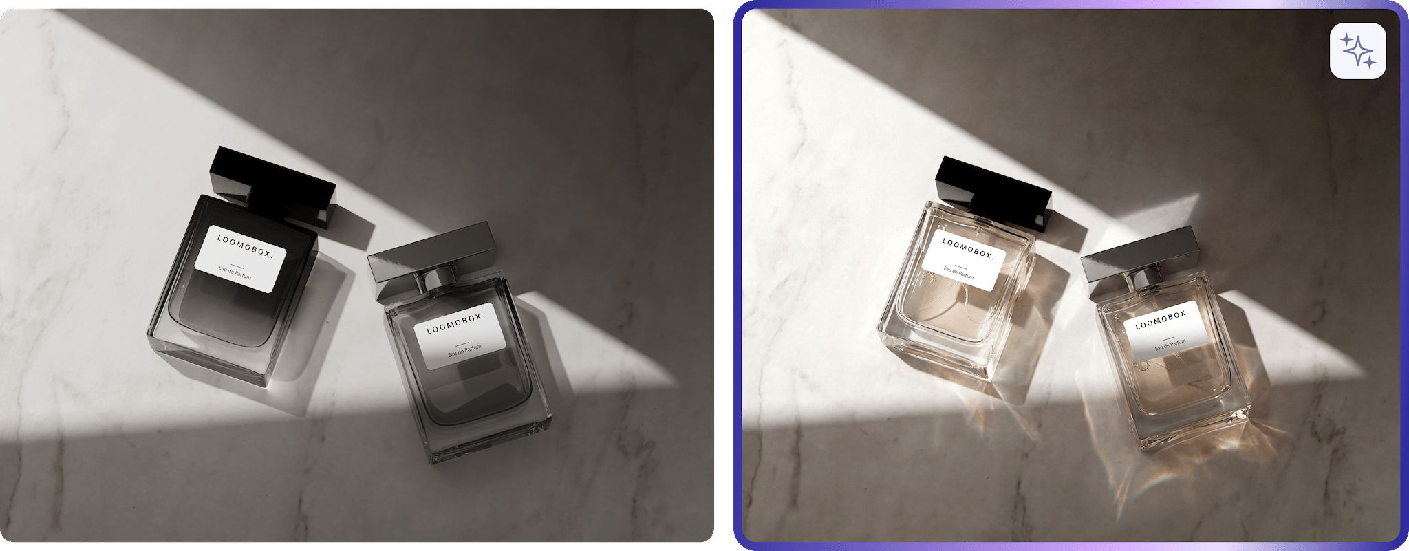 Two perfume bottles on marble, before and after loomobox AI adds warm sunlight and soft shadows to the scene
