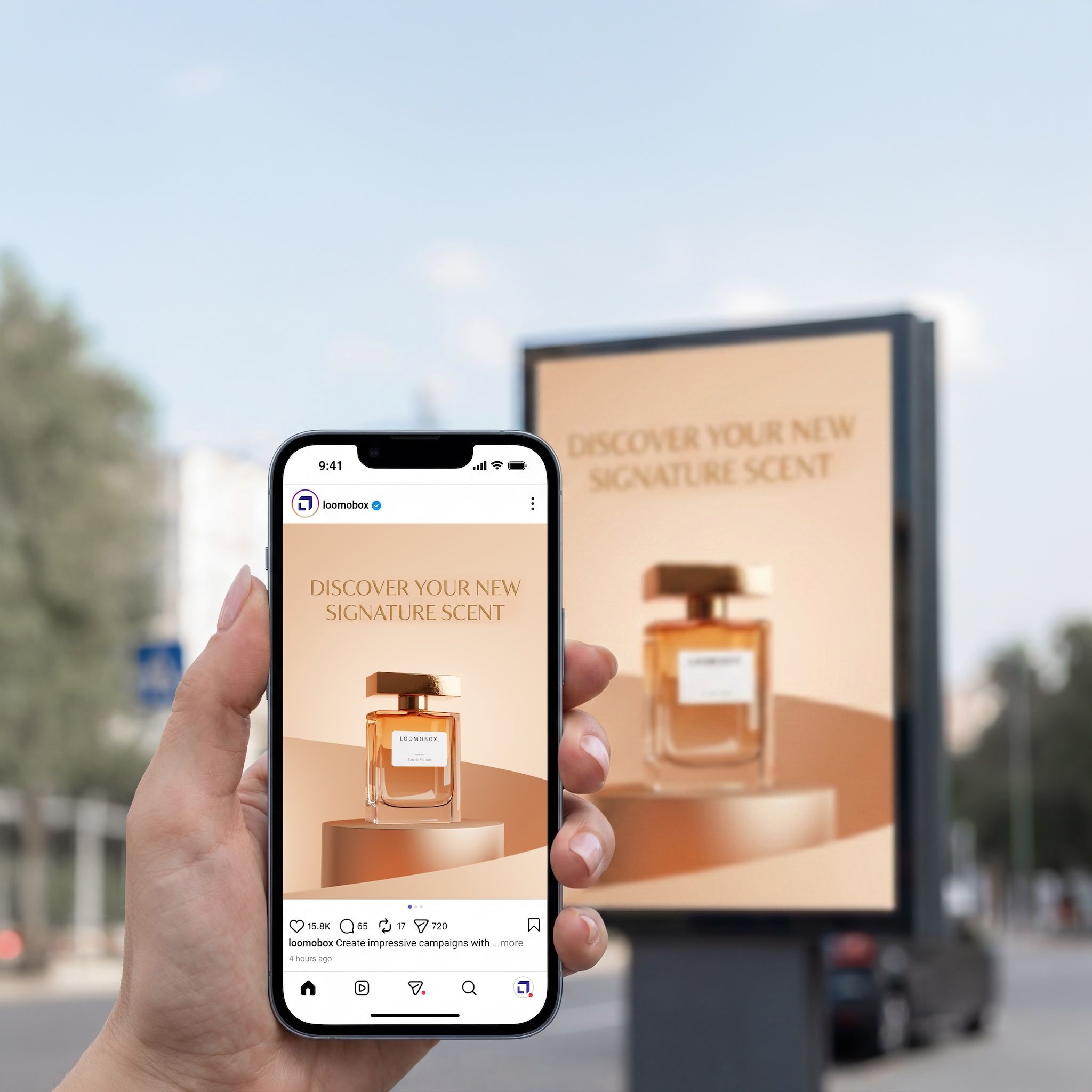 Hand holding a smartphone with an Instagram fragrance ad next to a matching billboard — campaign visuals created with loomobox