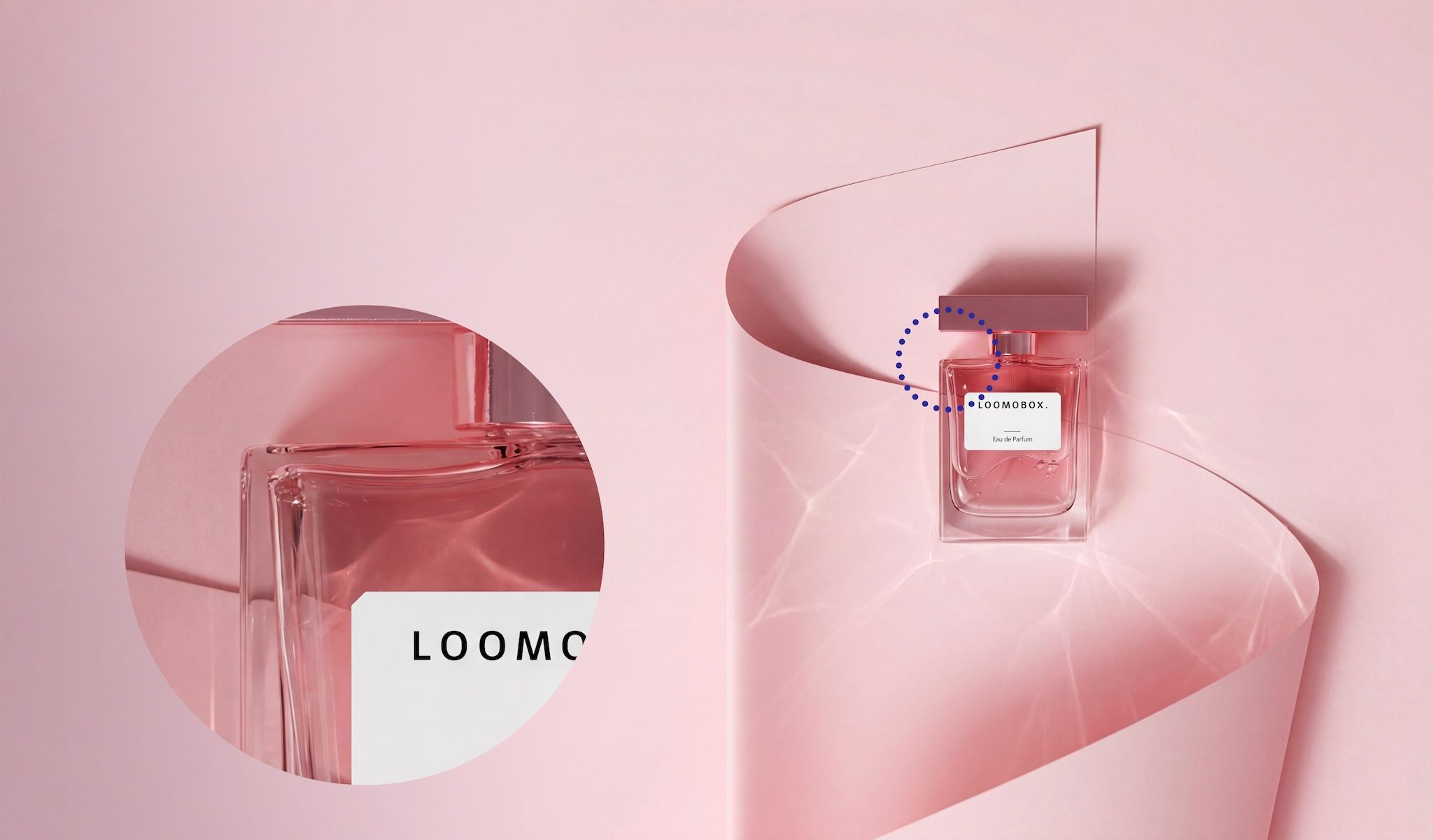 Pink eau de parfum flacon on rose-toned paper with a detail zoom showing glass and label quality — photorealistic 3D render by loomobox
