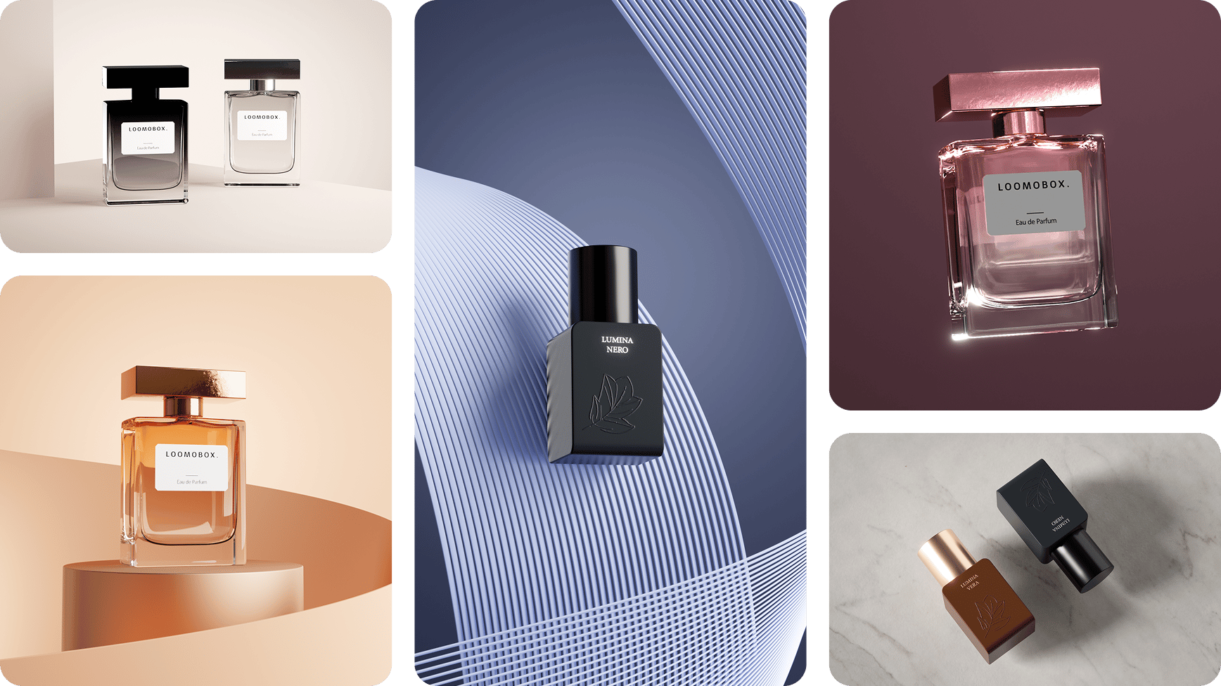 Collage of perfume bottles in five studio scenes, from minimalist podiums to marble — AI-generated fragrance photography with loomobox