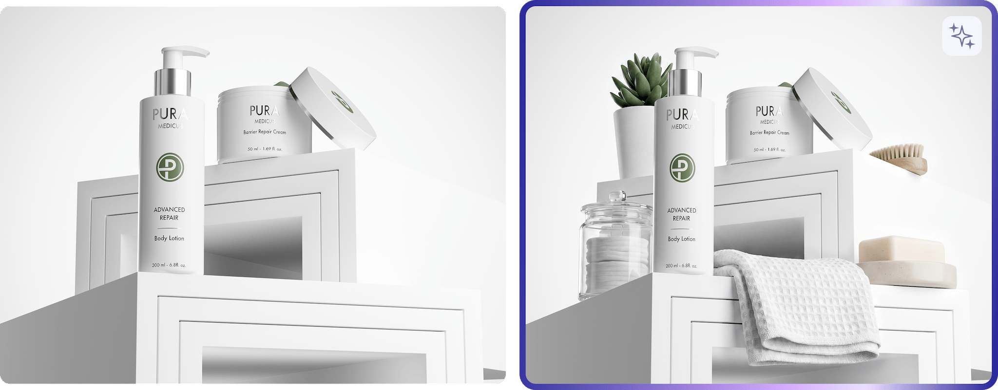Before-and-after comparison: plain skincare scene transformed into a styled bathroom set with towel and plant by loomobox AI