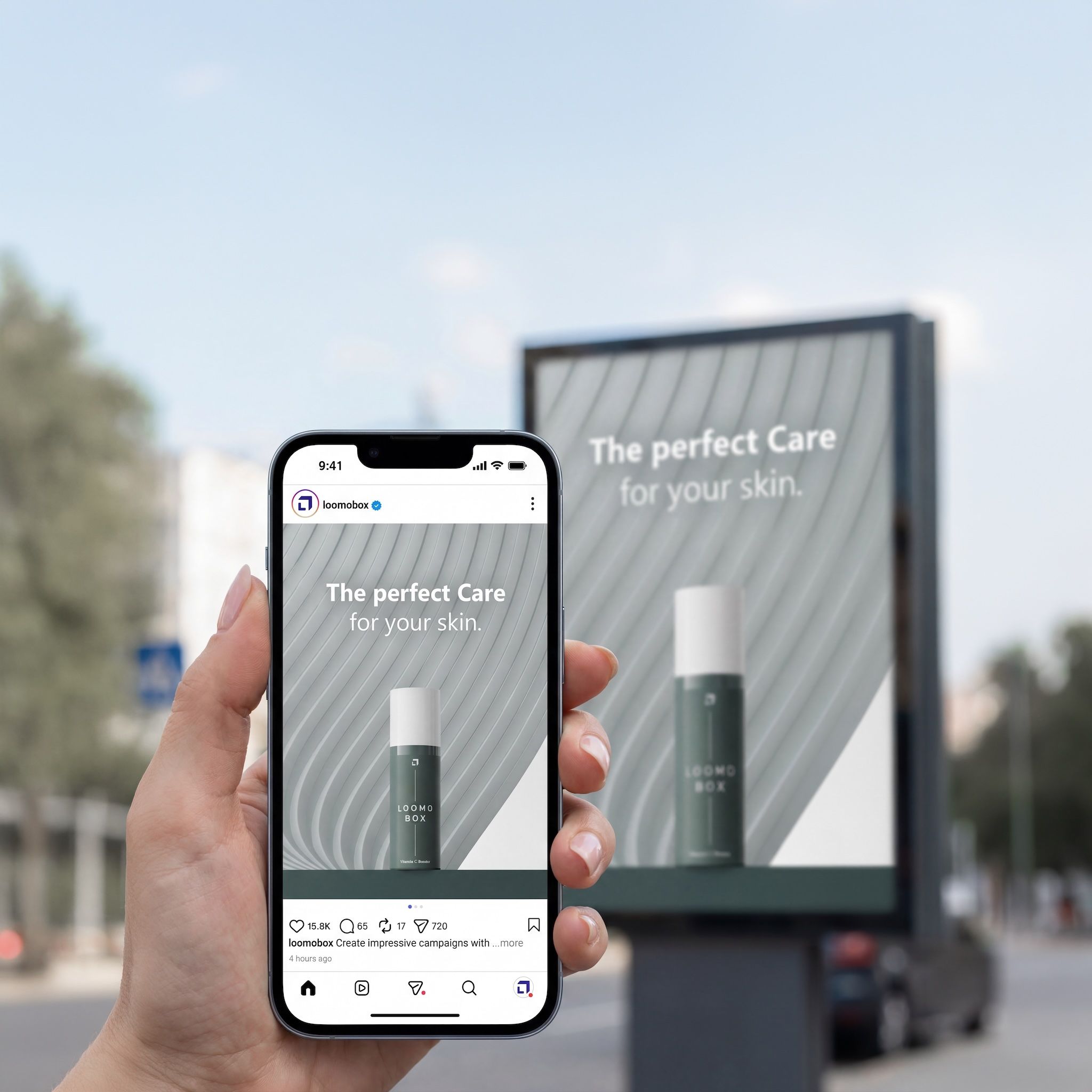 Phone in hand displaying a skincare Instagram ad mirrored on a city billboard — cosmetics campaign rendered with loomobox