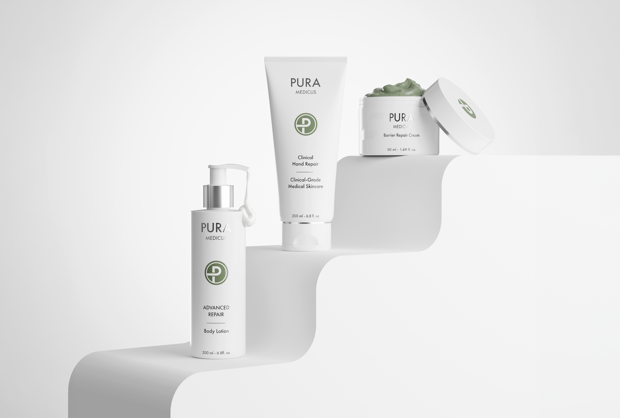 PuraMedicus skincare trio — body lotion, hand repair tube and barrier cream on white steps, created with the loomobox platform