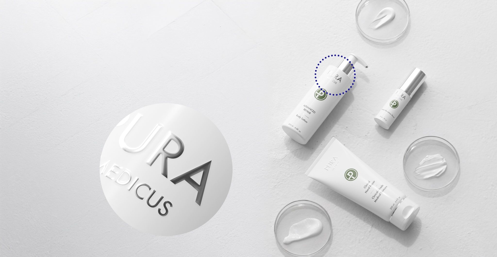 PURA Medicus skincare flat lay with cream swatches and a magnified label detail — high-detail 3D render created with loomobox