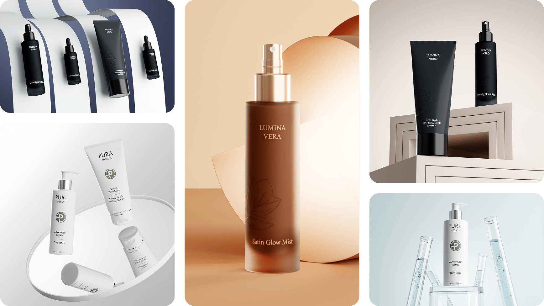 Five studio scenes with skincare products, from dark bottles to glow mist and lab glassware — AI-generated beauty photography via loomobox