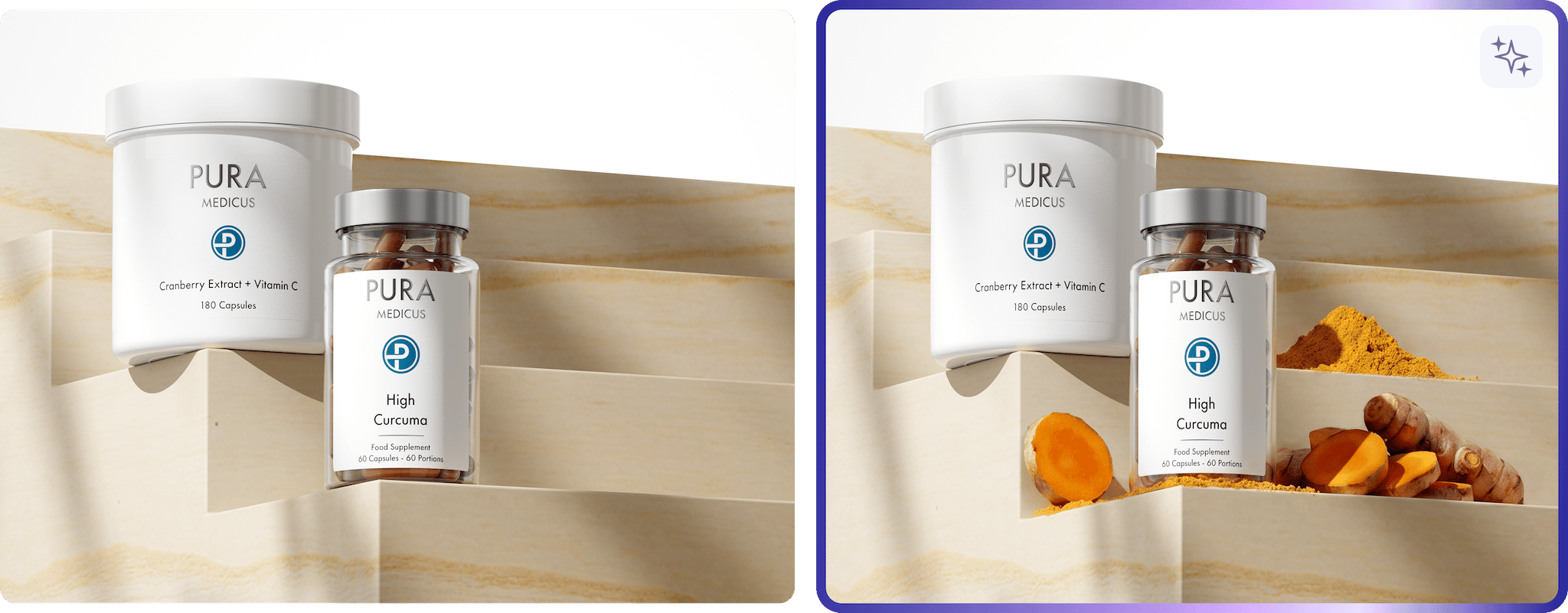 Before-and-after: plain supplement shot enriched with turmeric roots and curcuma powder by loomobox AI scene enhancement
