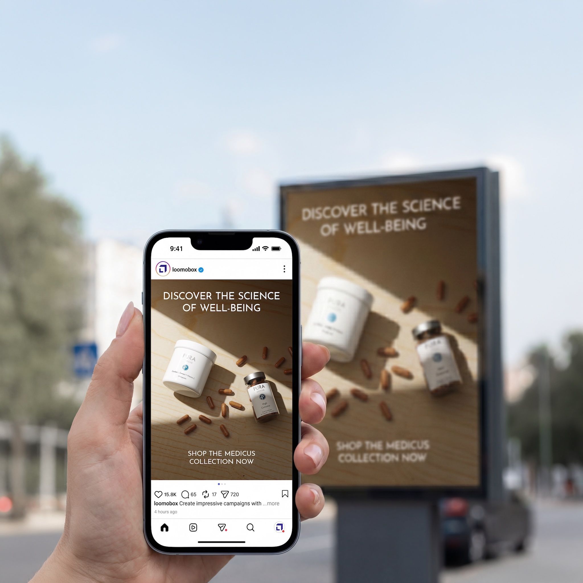 Smartphone showing a supplement Instagram ad matching an outdoor billboard behind it — campaign imagery rendered with loomobox