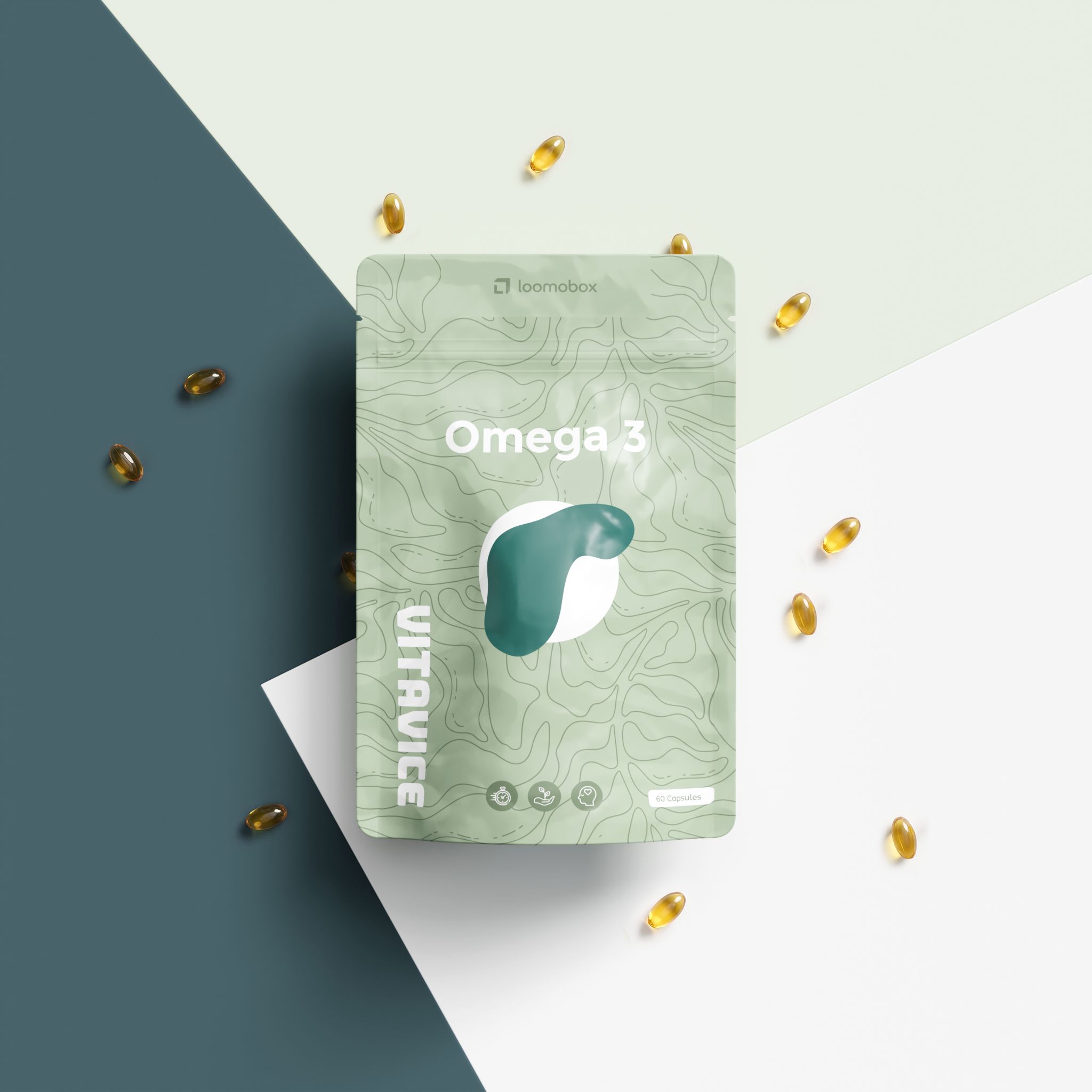 Vitavice Omega 3 supplement pouch with scattered capsules on green geometric shapes — AI-generated product photo by loomobox