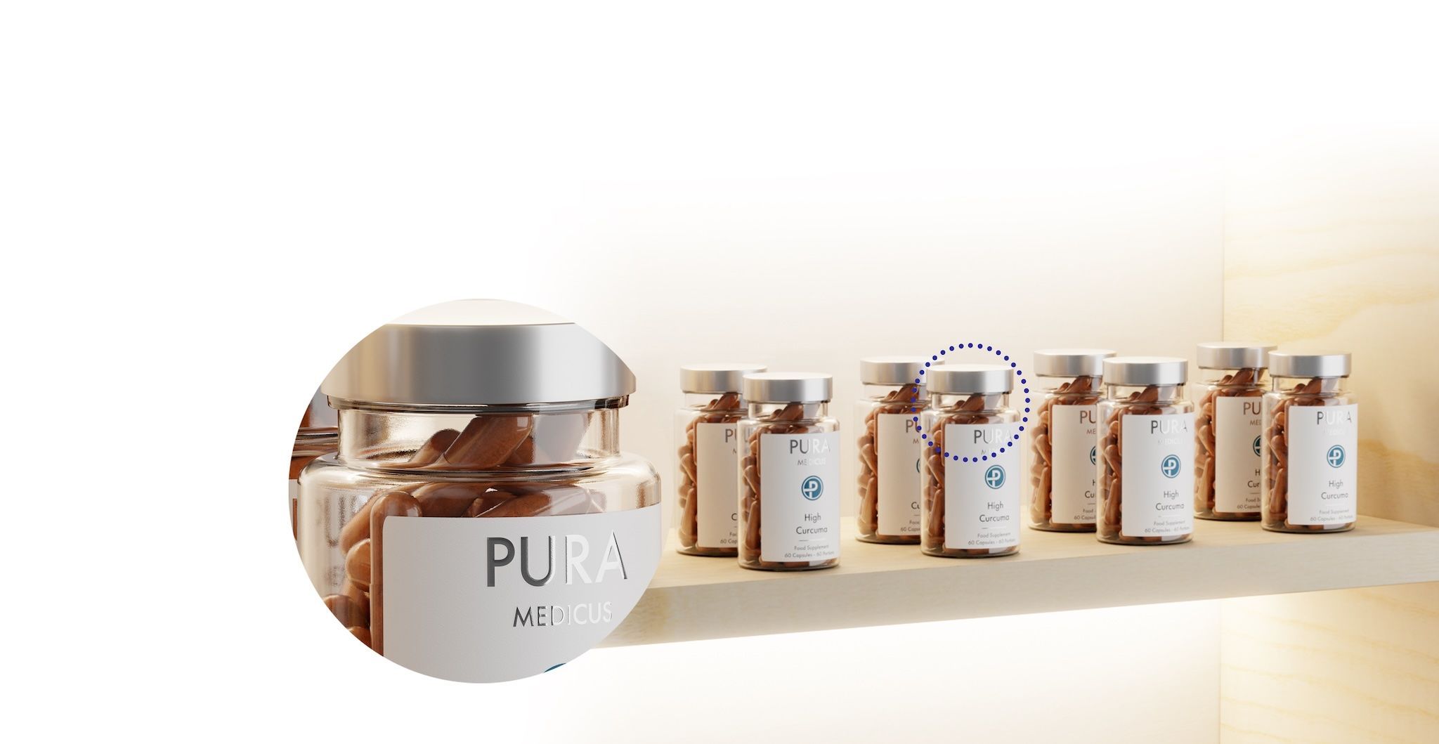 Row of PURA Medicus capsule jars on a wooden shelf with magnified label close-up — photorealistic supplement render by loomobox