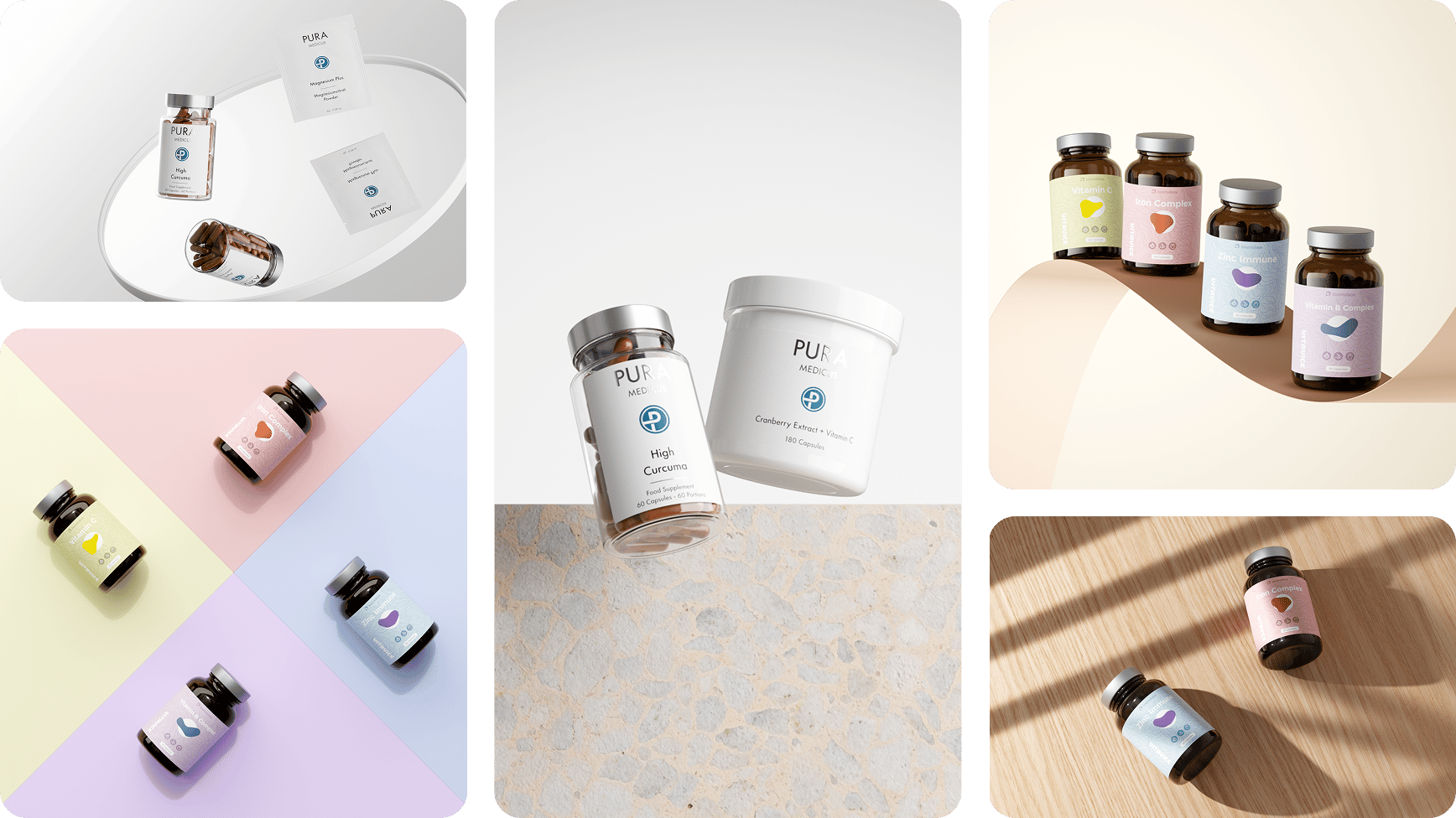 Collage of supplement bottles in five settings, from pastel color blocking to warm wood — AI-generated product images via loomobox