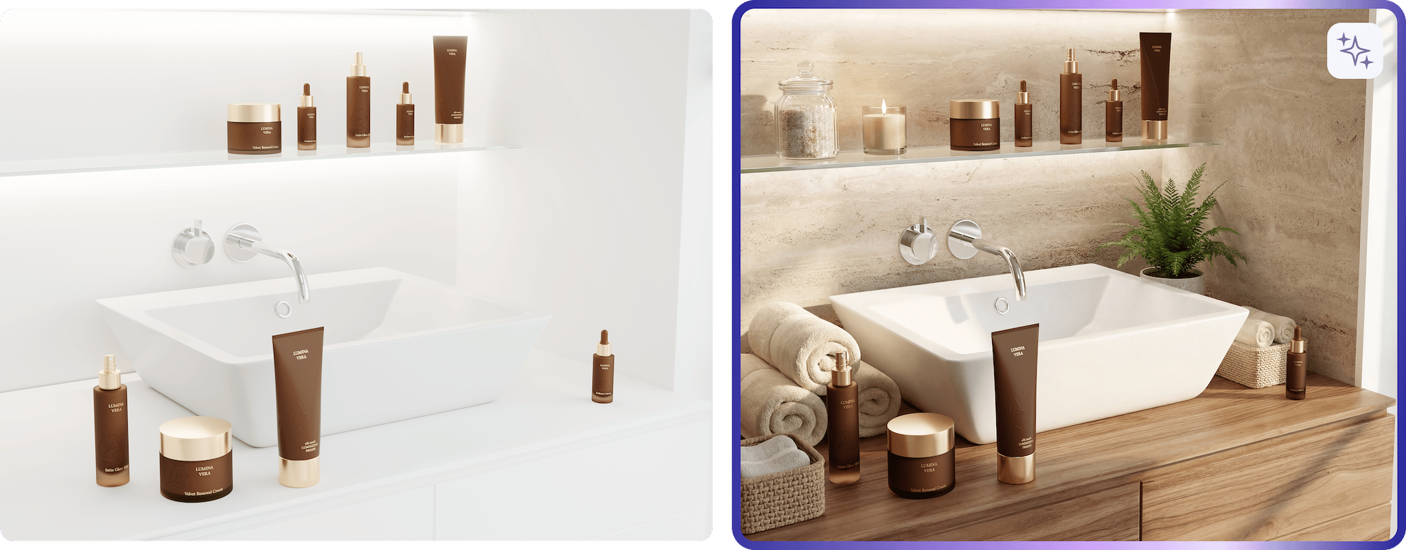 Before-and-after bathroom scene: white render turned into a warm styled vanity with candles, towels and fern by loomobox AI