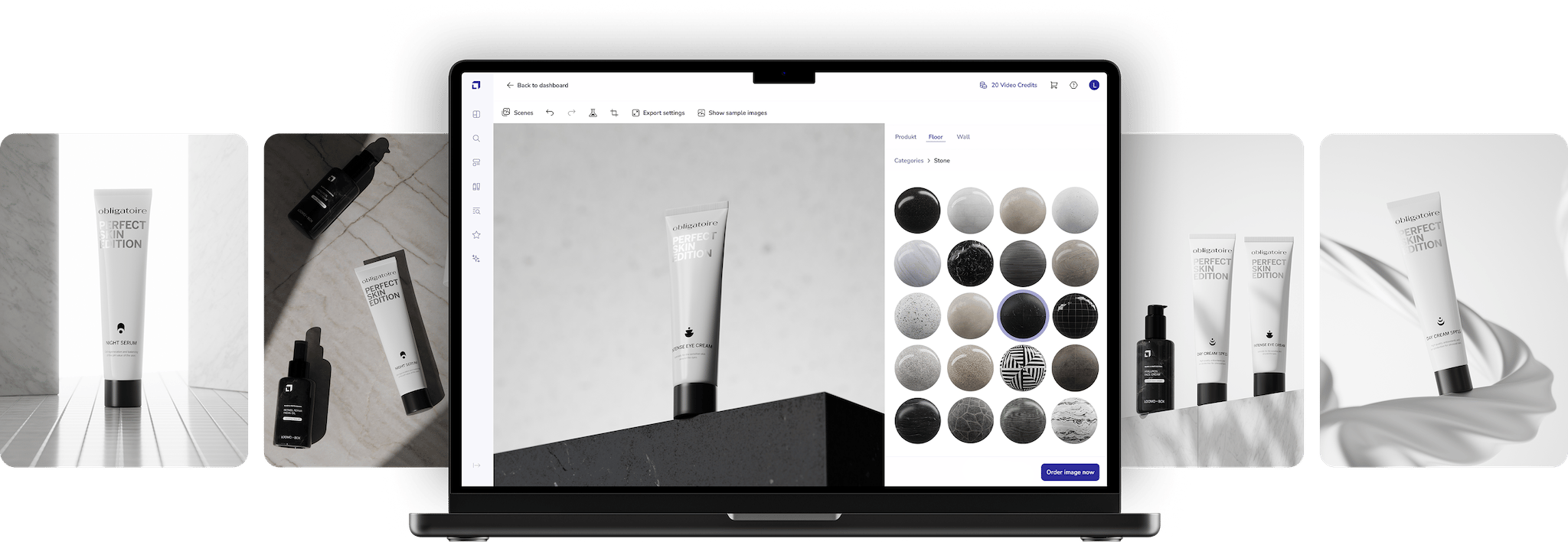 loomobox Content Studio on a laptop with material picker open beside a rendered cosmetic tube, surrounded by finished product shots