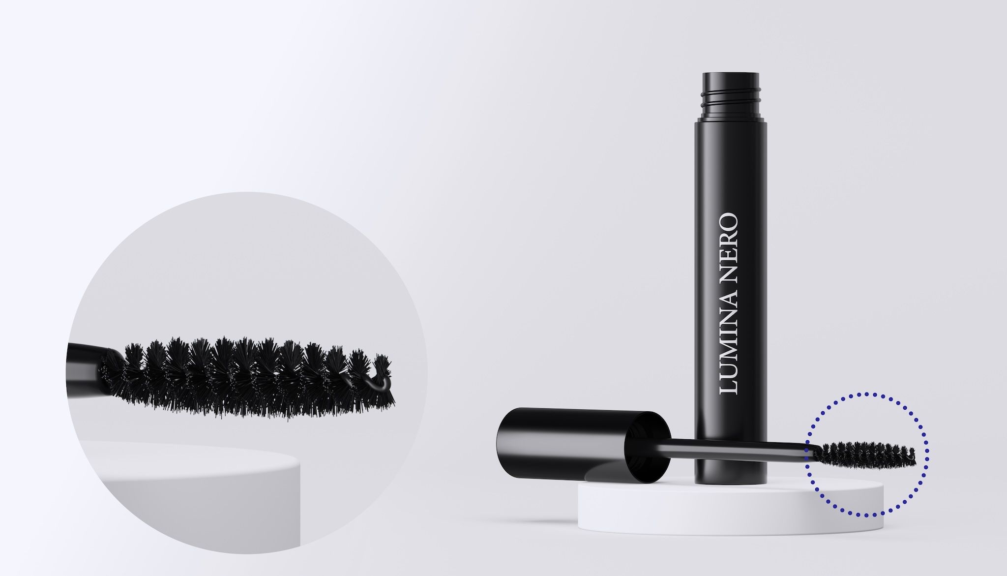 Lumina Nero mascara with magnified close-up of the brush bristles — photorealistic 3D render created with loomobox