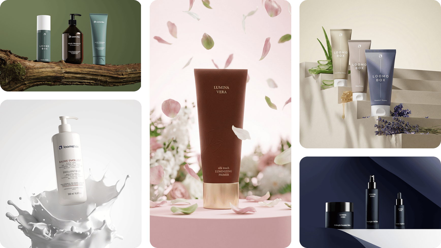 Collage of five AI-generated cosmetics scenes — skincare tubes, milk splash, primer with flower petals — created with loomobox