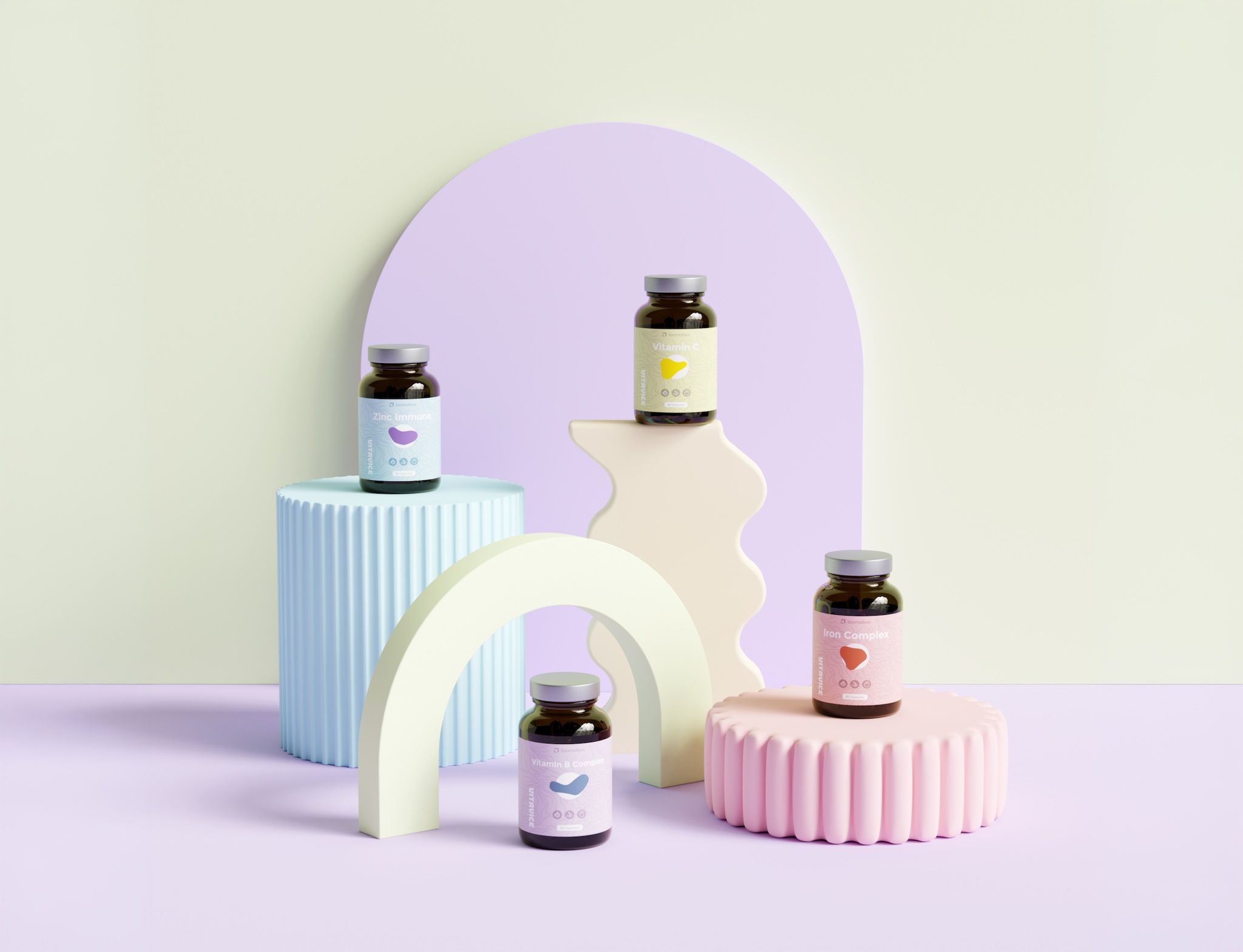 Supplement jars staged on pastel podiums and arches in an exclusive studio scene rendered with loomobox
