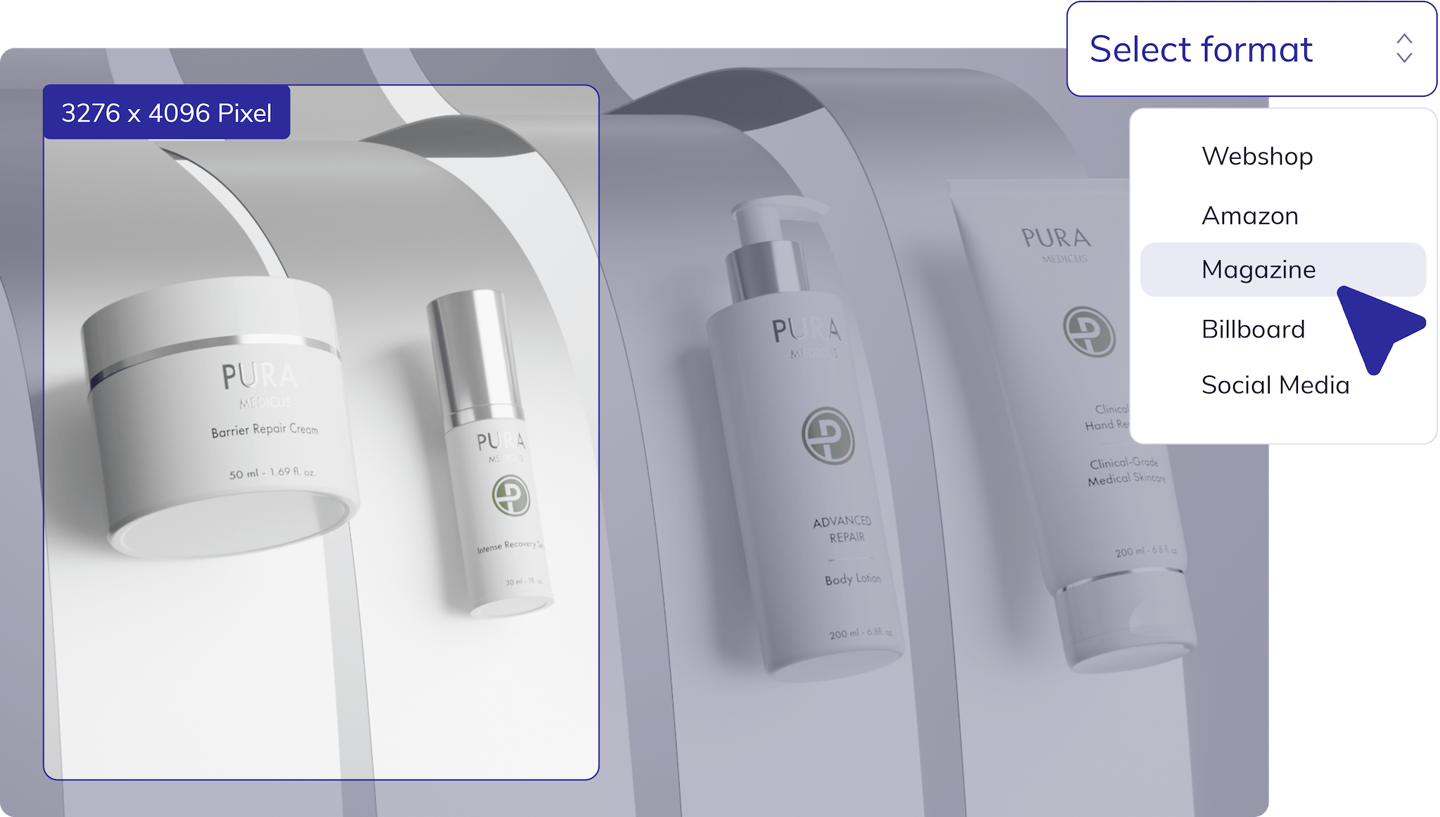 Format and resolution settings in loomobox Content Studio: skincare scene cropped to 3276 x 4096 pixels for magazine output