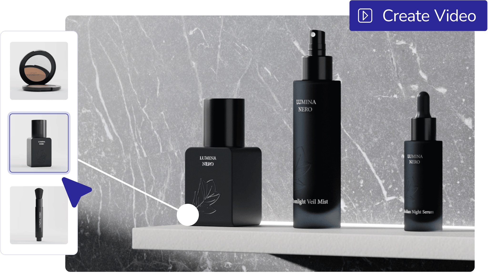 Create Video button in loomobox Content Studio over a black skincare scene on marble with product selection sidebar