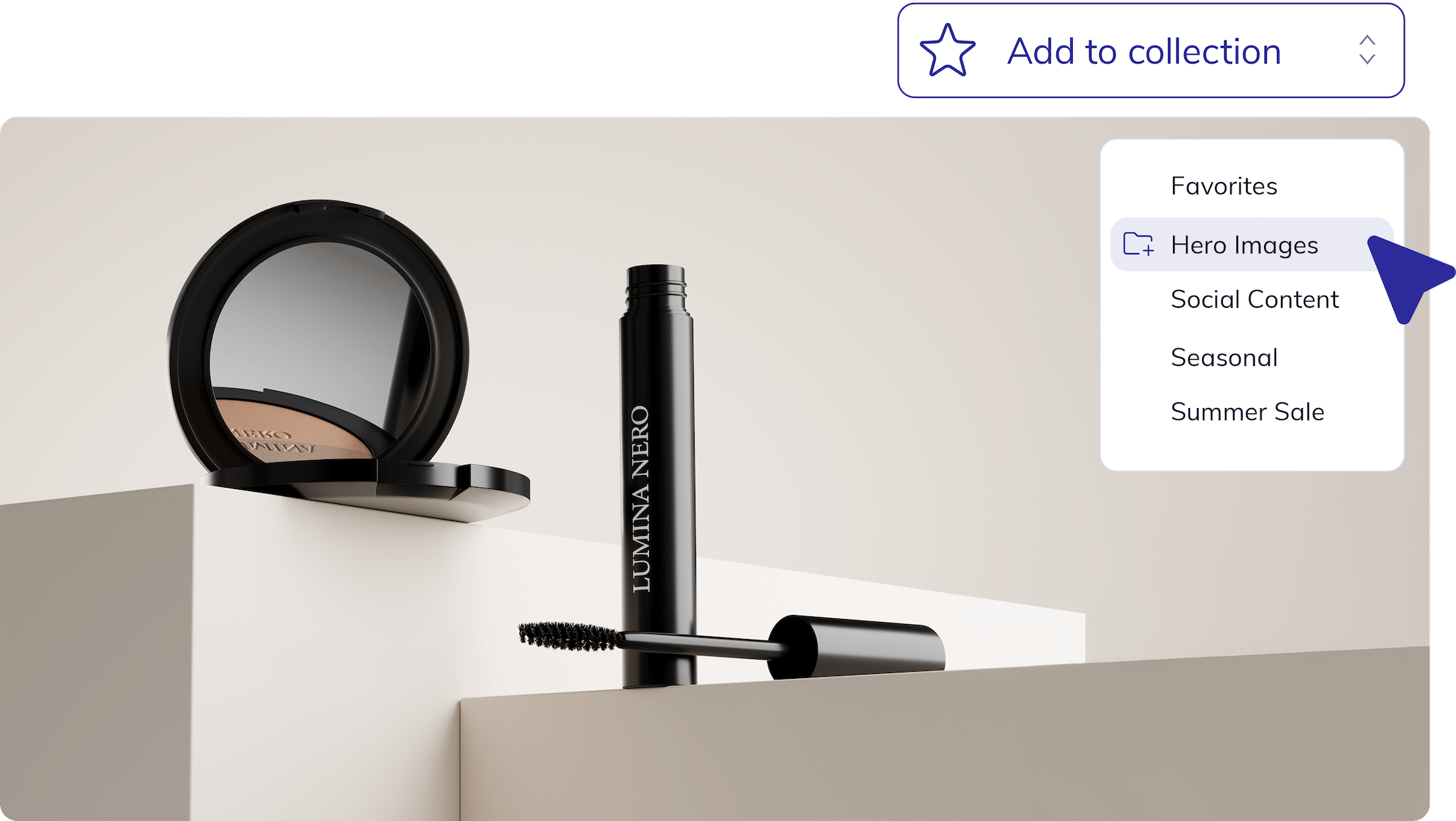 Looks and collections in loomobox Content Studio: mascara and compact scene saved via Add to collection dropdown