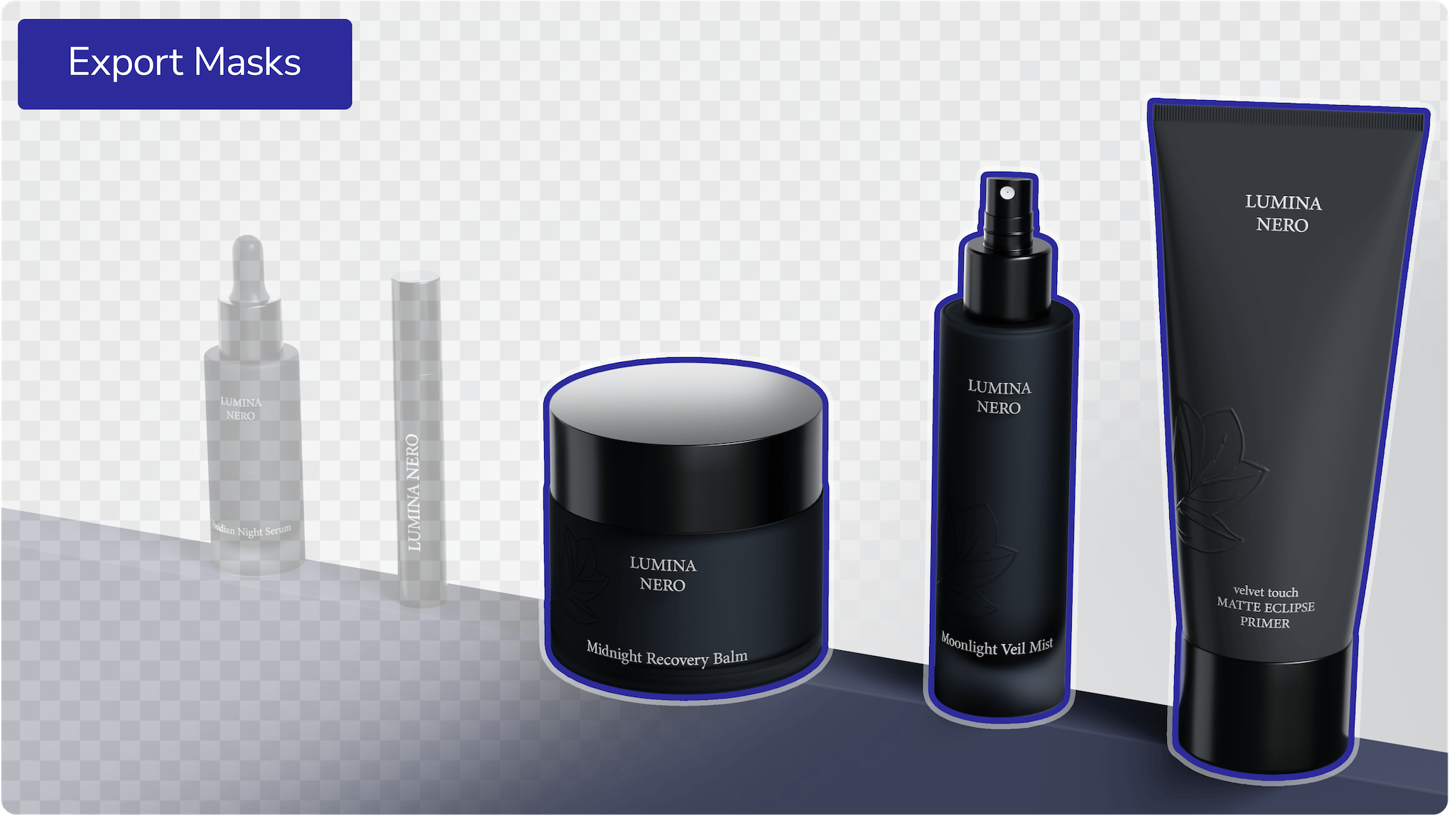 Mask export in loomobox Content Studio: selected black cosmetics cut out on a transparent background for editing