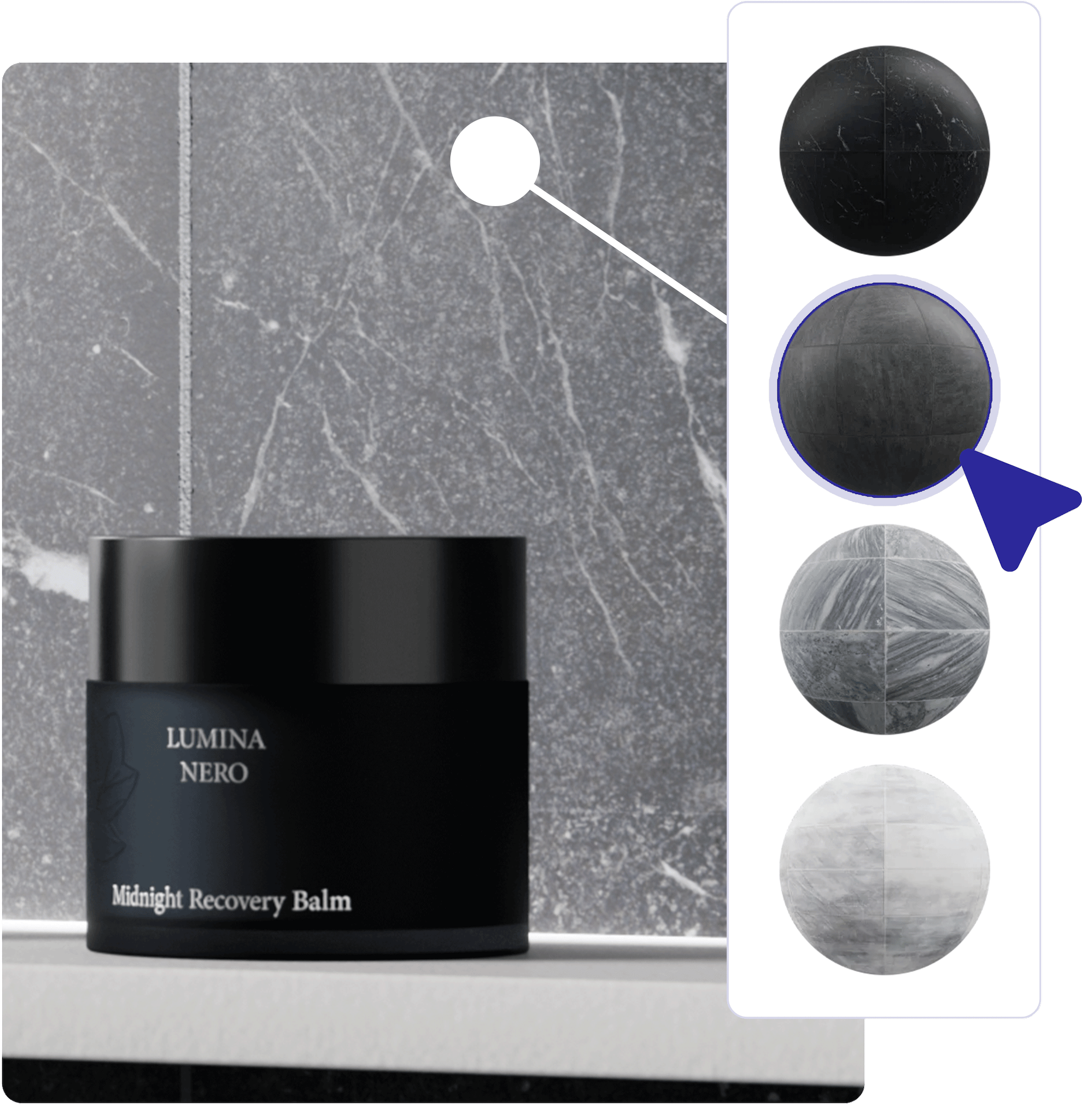 Materials and colors in loomobox Content Studio: marble texture swatches applied to the backdrop of a black skincare jar