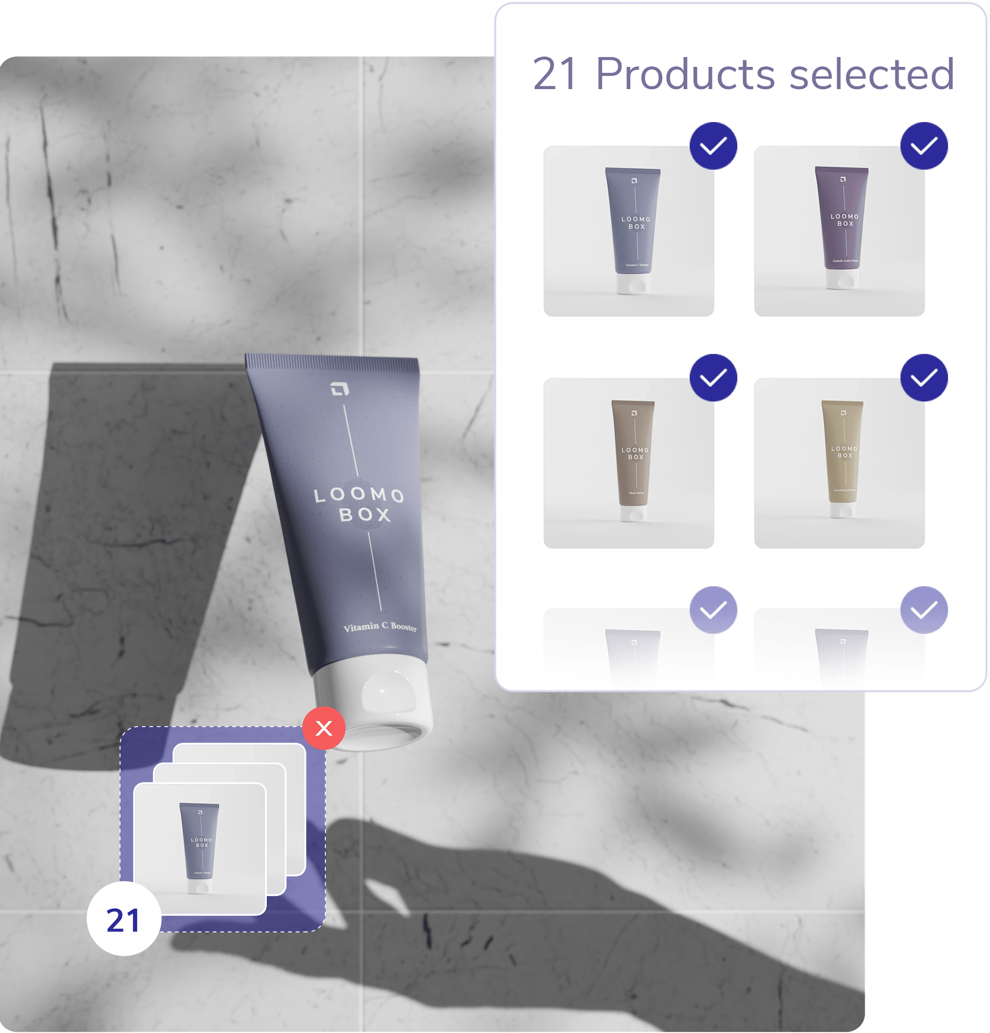 Multi-export in loomobox Content Studio: 21 skincare tubes selected to render one scene across all product variants