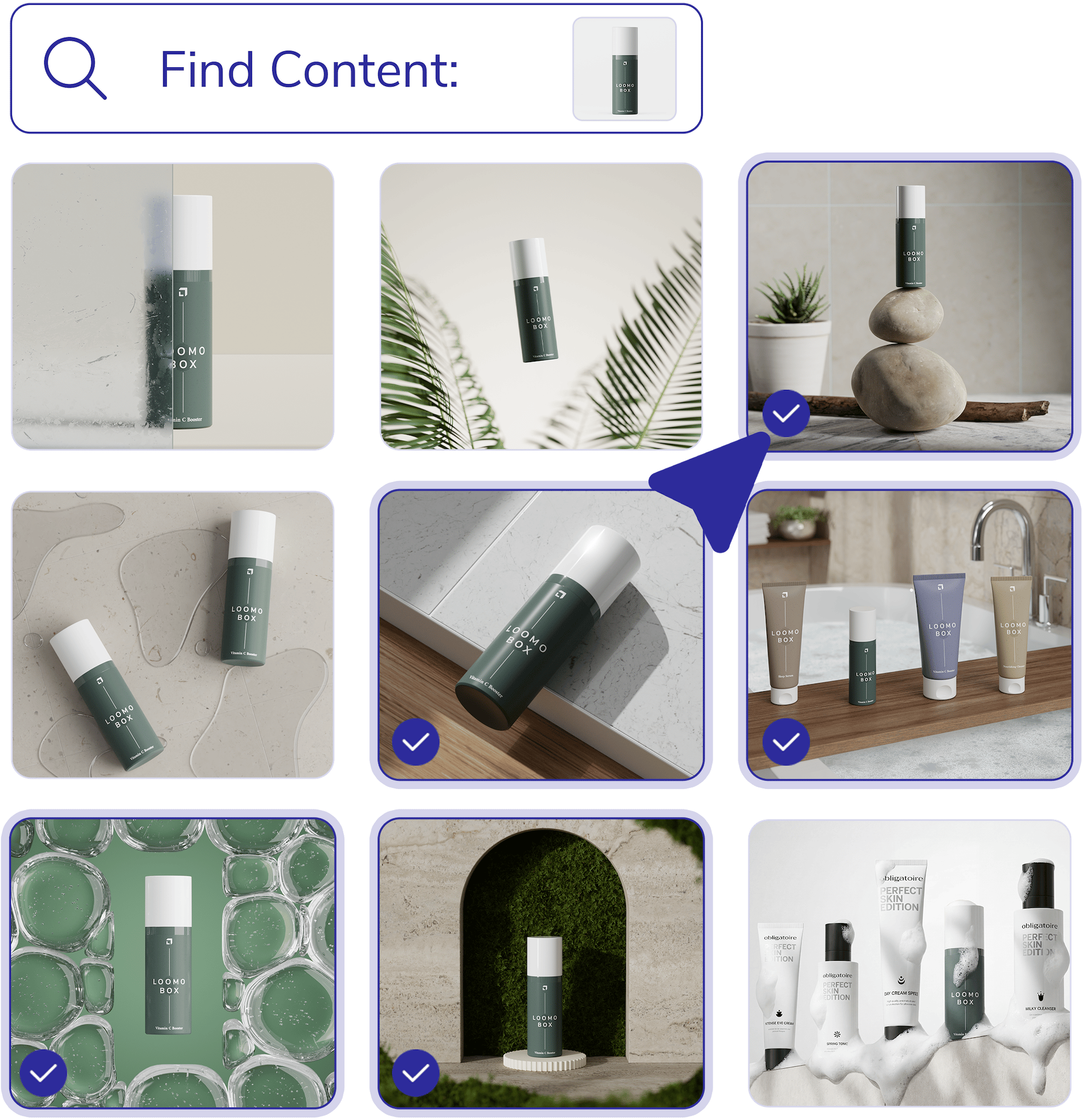 Search and manage in loomobox Content Studio: Find Content lookup returning a grid of product shots for one skincare spray