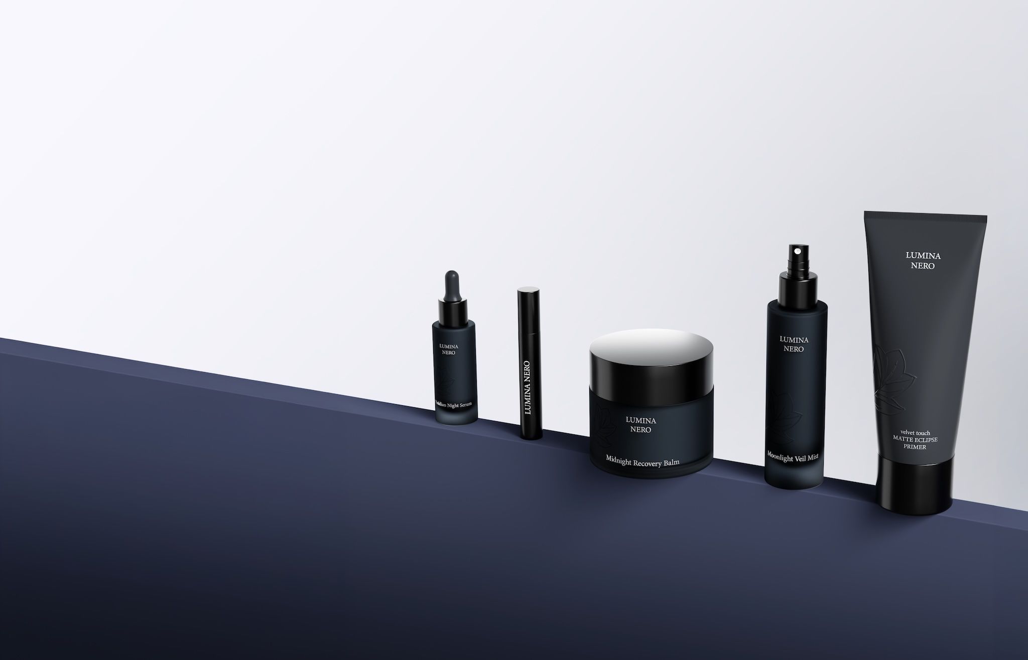 Five black Lumina Nero skincare products lined up on a navy ledge, consistently rendered from loomobox digital twins