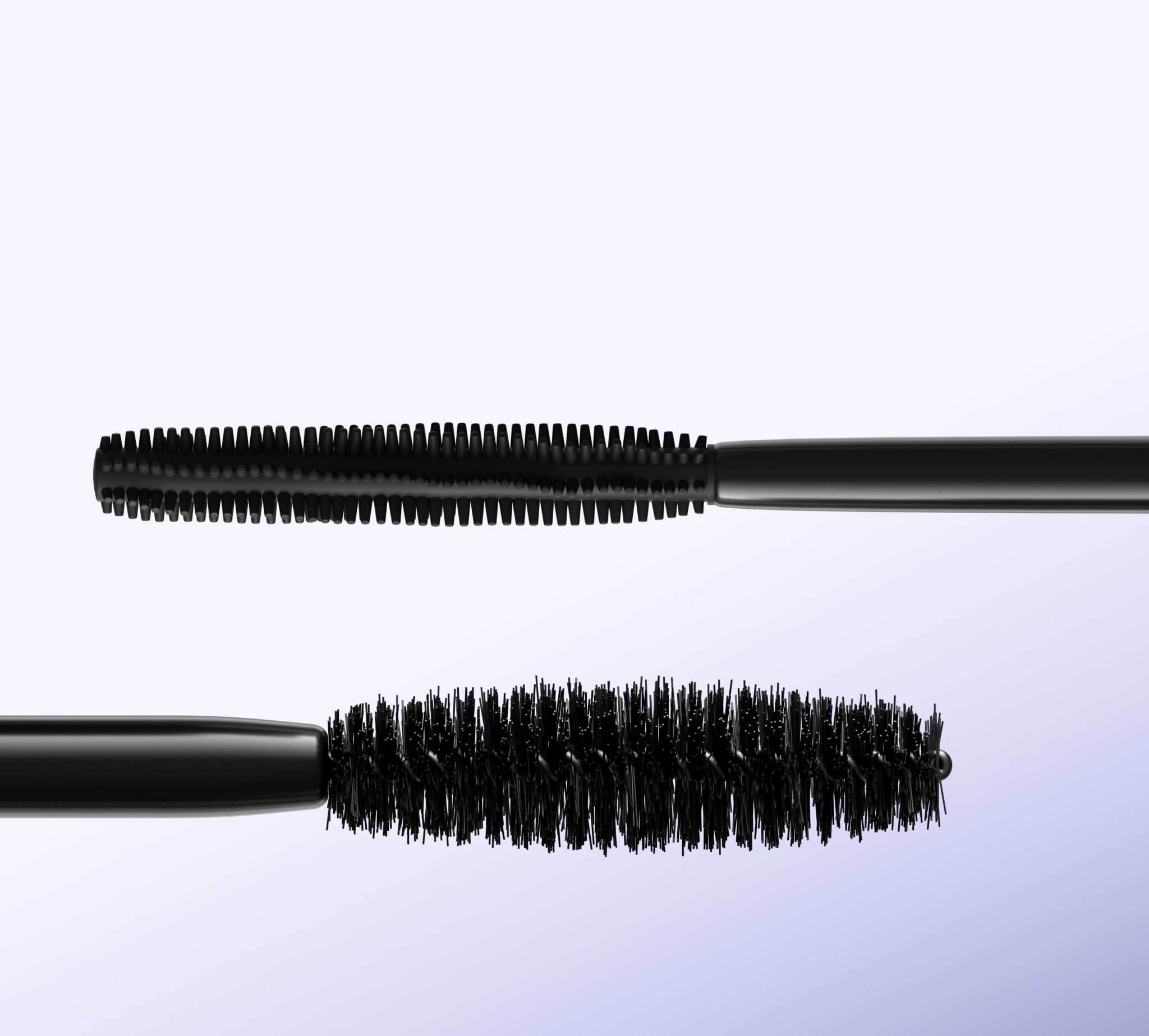 Macro 3D render of two mascara wands, silicone comb and bristle brush, showing the detail level of loomobox digital twins