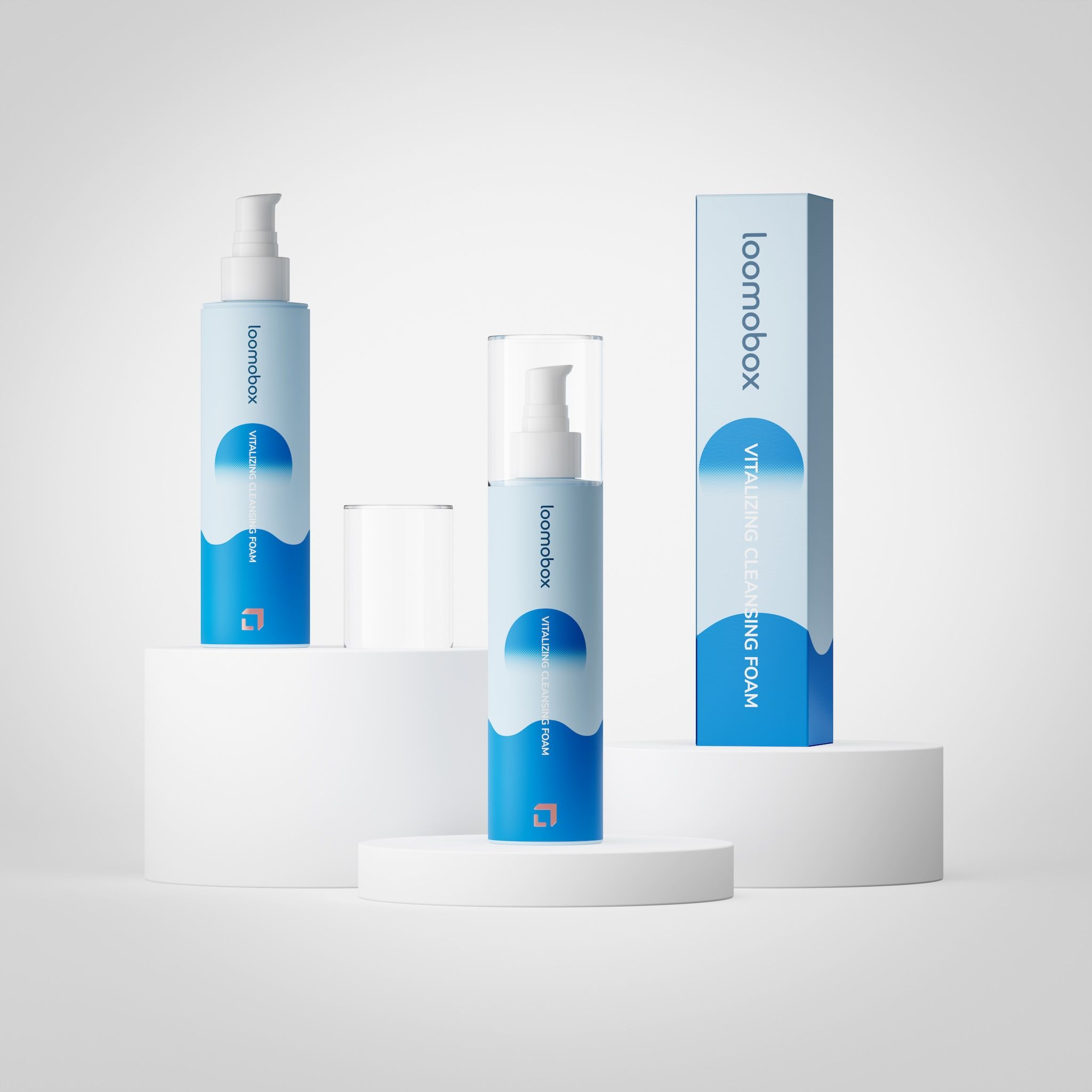 Finished digital twin: photorealistic 3D render of a skincare cleansing foam bottle and packaging created with loomobox
