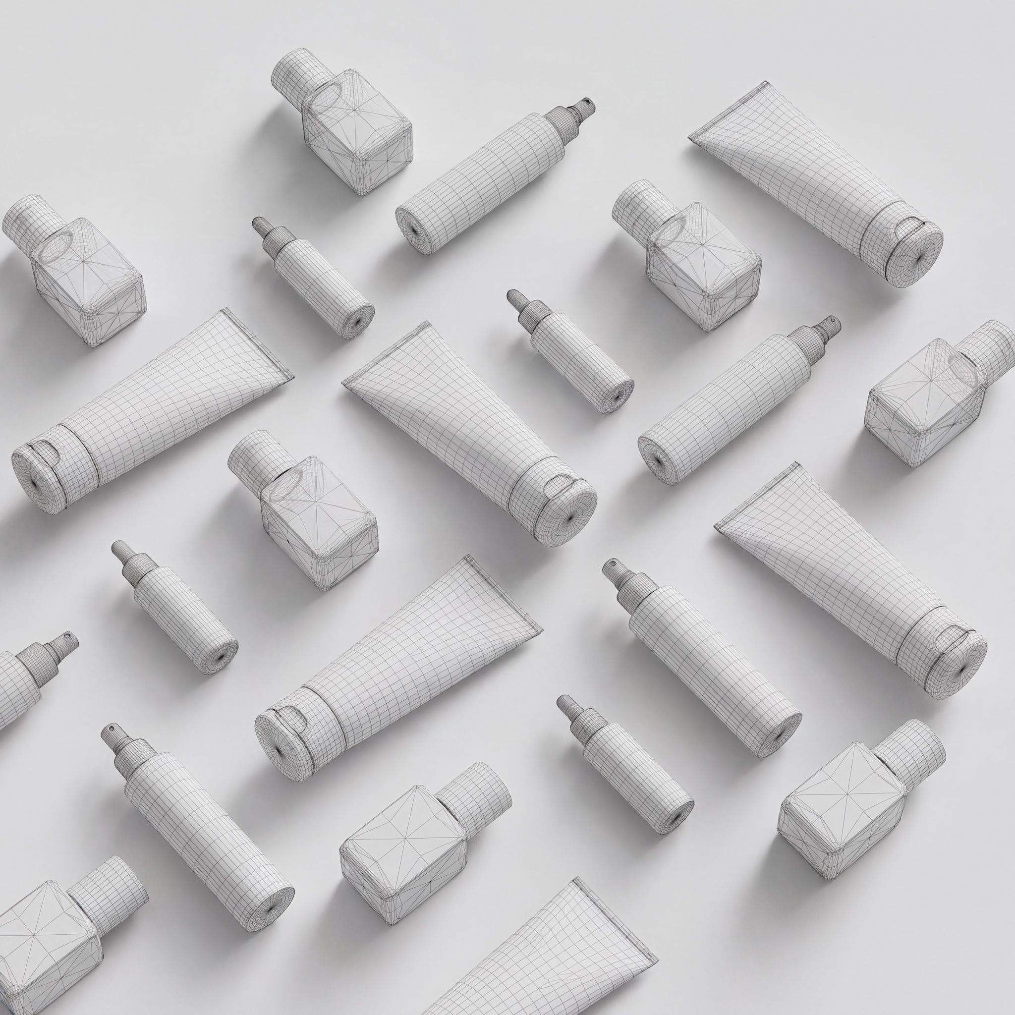 Wireframe 3D models of cosmetic bottles, tubes and jars — digital twins that power loomobox product visuals