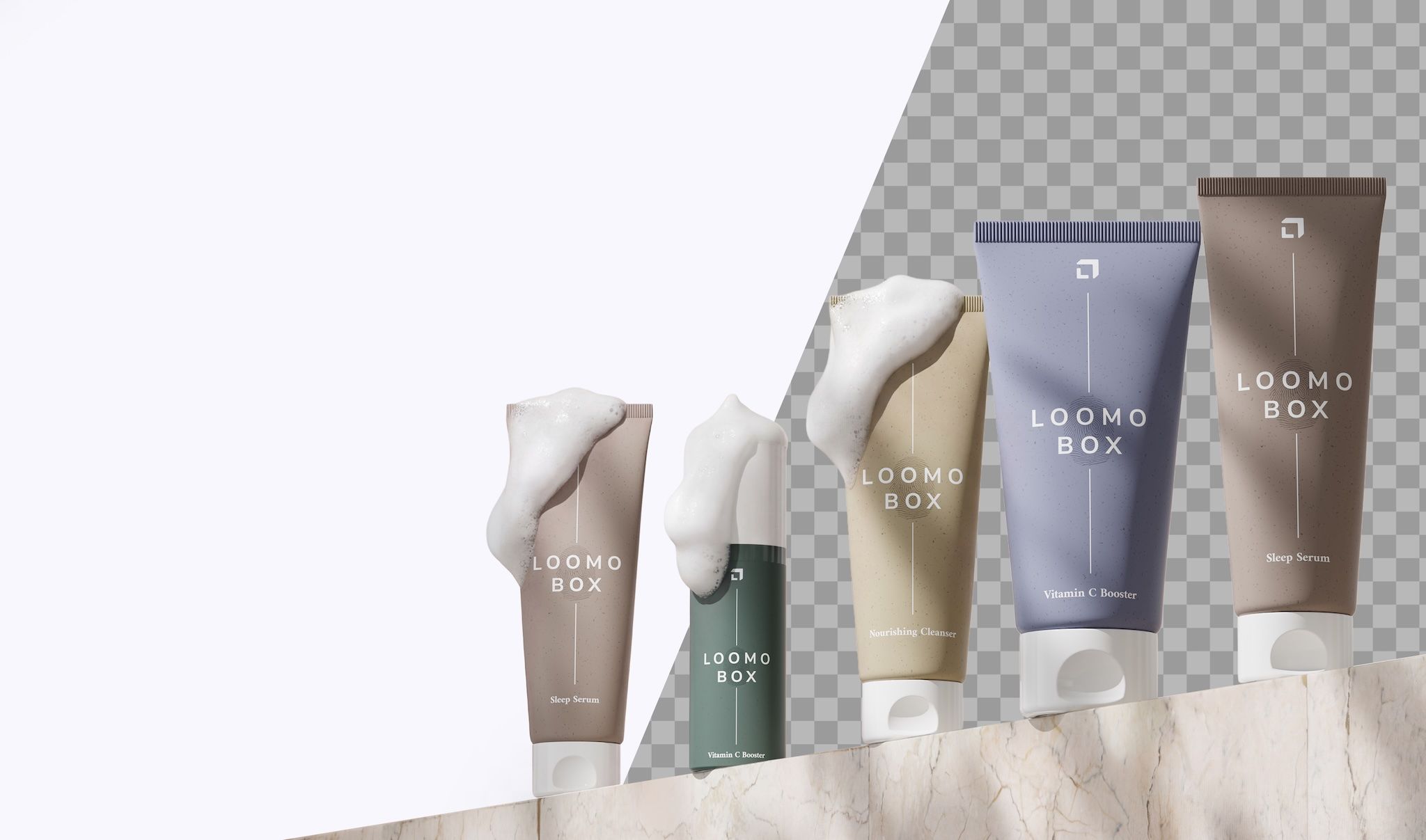 Skincare tubes with foam on marble, half cut out against a transparency grid — precise AI masking in the loomobox Content Studio