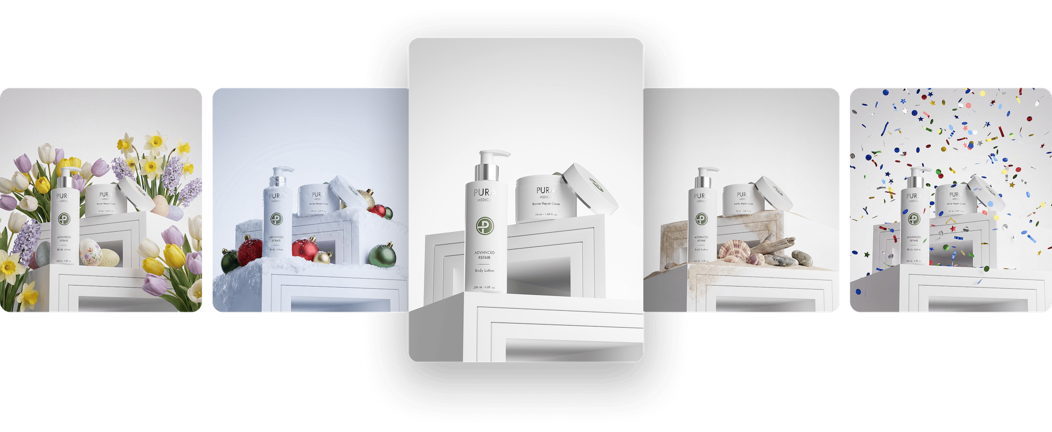 Same skincare set rendered with loomobox in five reusable scenes, from spring tulips to festive confetti backdrops