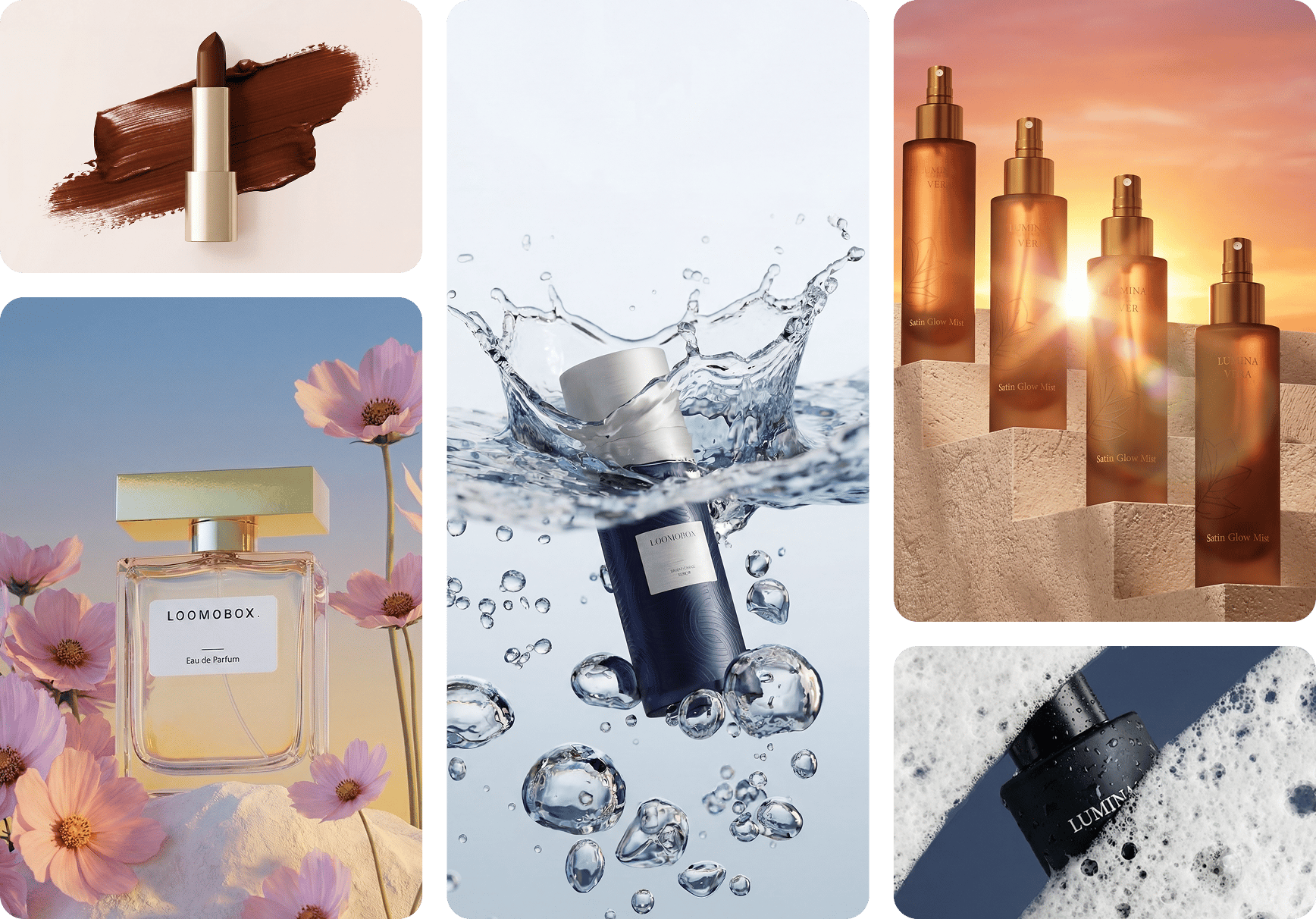 Collage of AI-generated beauty visuals from loomobox — lipstick swatch, perfume with flowers, water splash and sunset glow mists