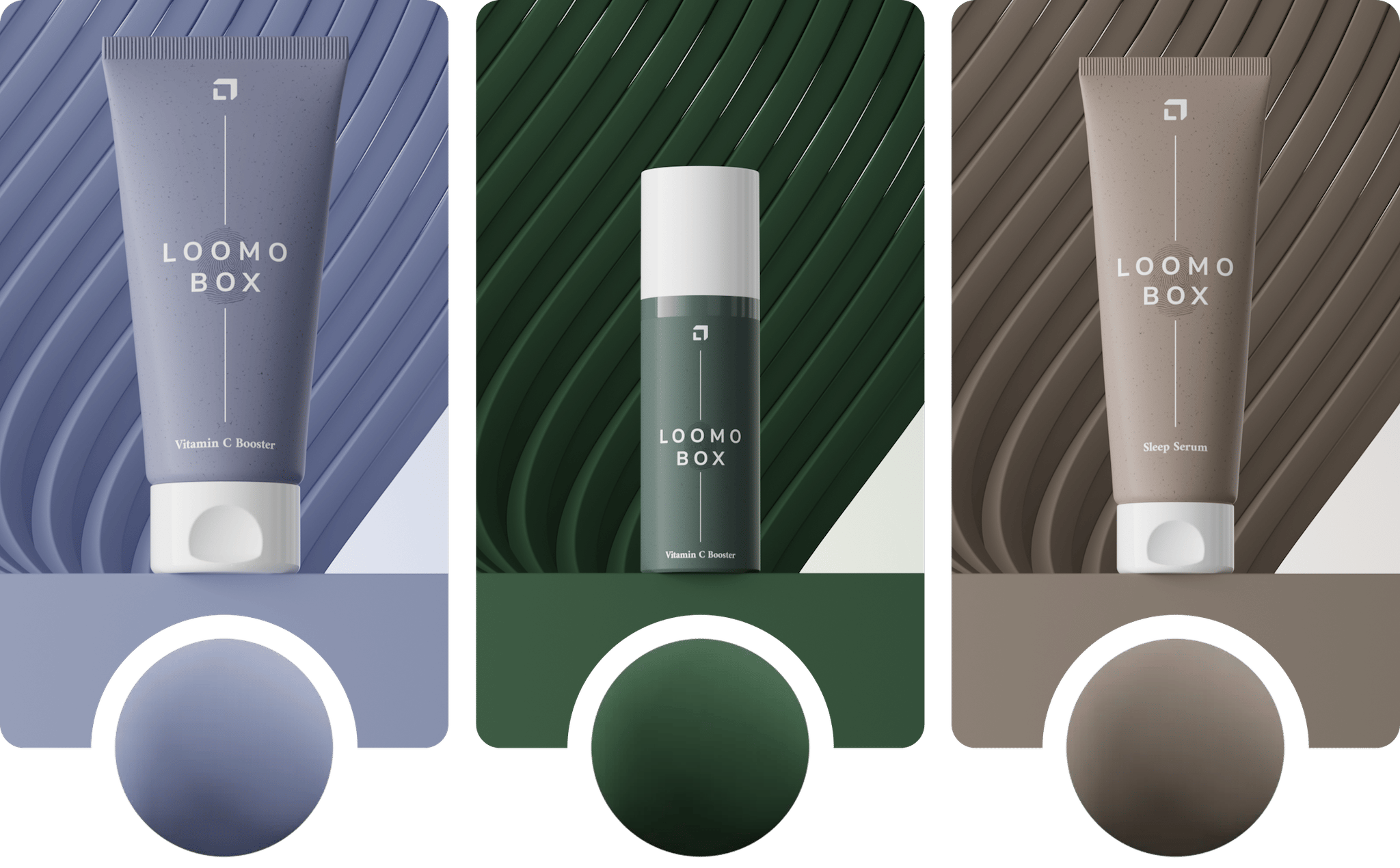 Three cosmetic tube renders in matched brand colors lavender, green and taupe, created with loomobox