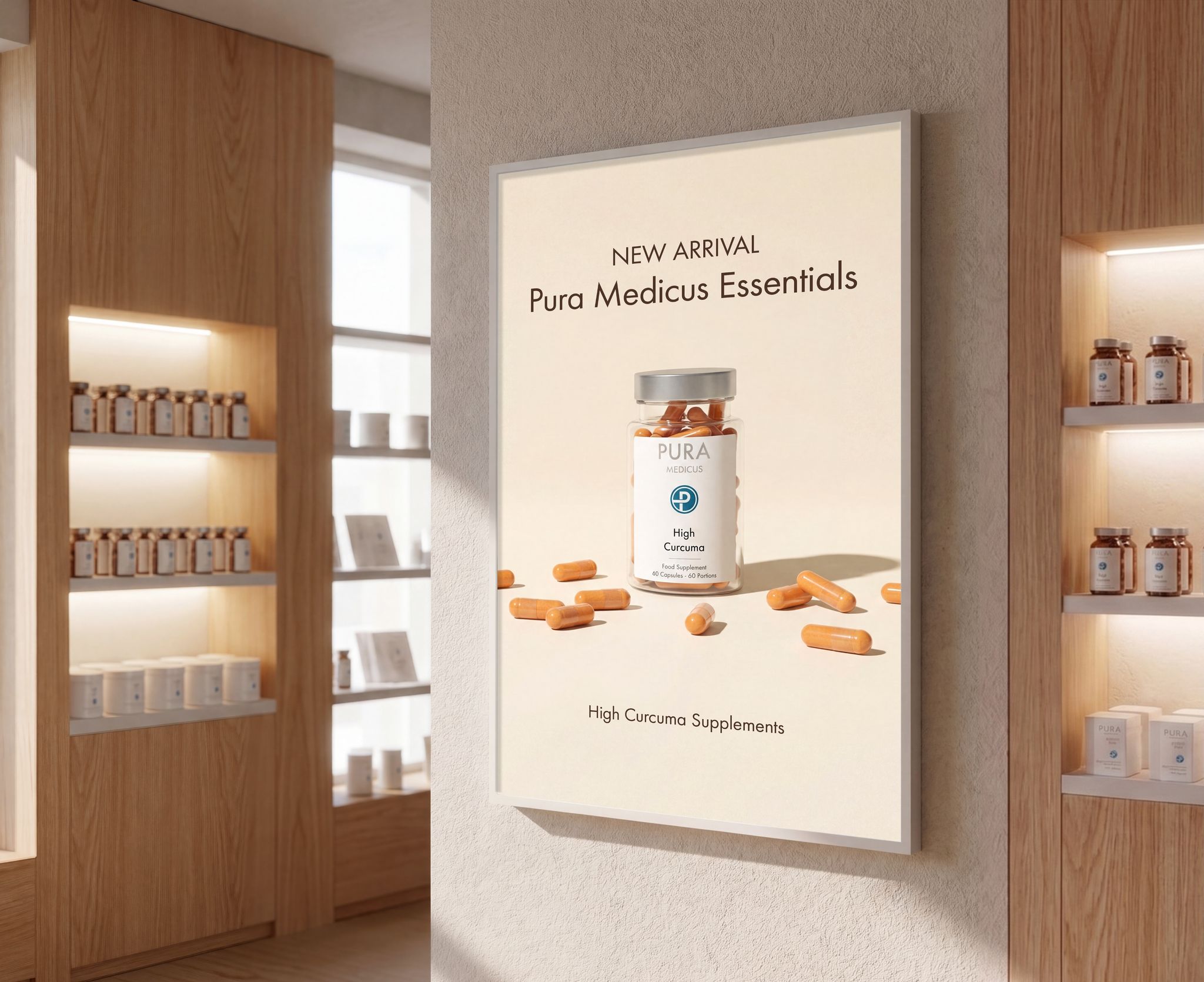 New-arrival poster for curcuma supplements in a pharmacy interior, launch visual created with loomobox