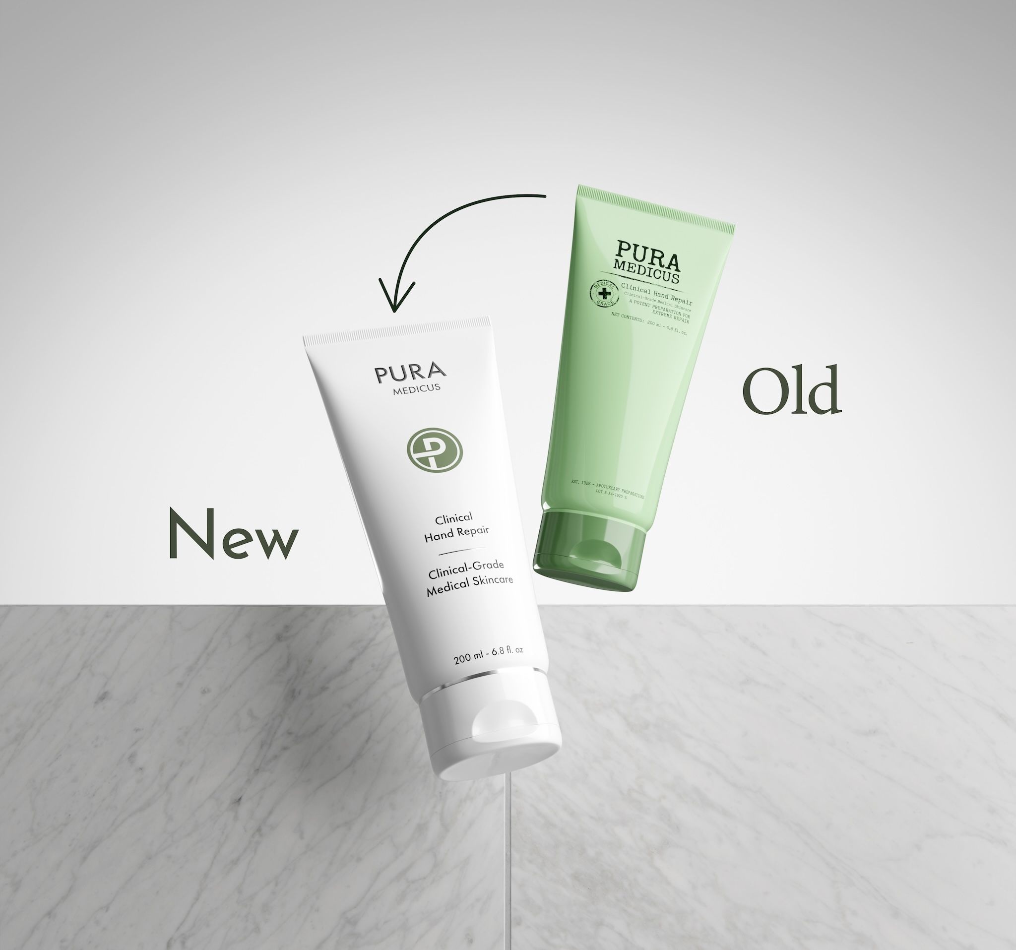 Before-and-after rebranding of a skincare tube, old green and new white design rendered with loomobox