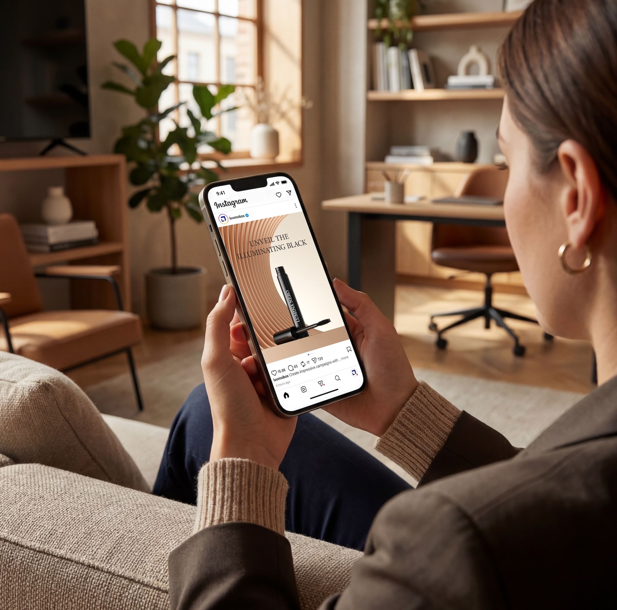 Woman on a sofa viewing an Instagram mascara ad on her phone, social media ad created with loomobox