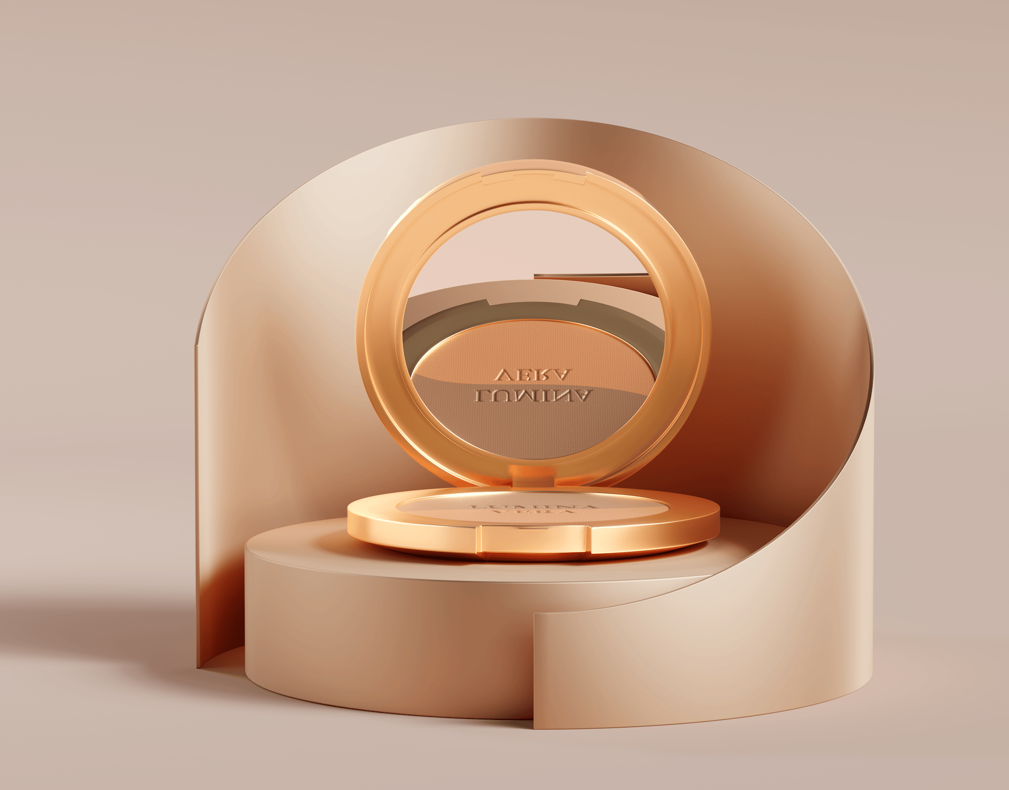 Gold compact powder with open mirror lid on a beige podium, elegant makeup studio scene — 3D render created with loomobox