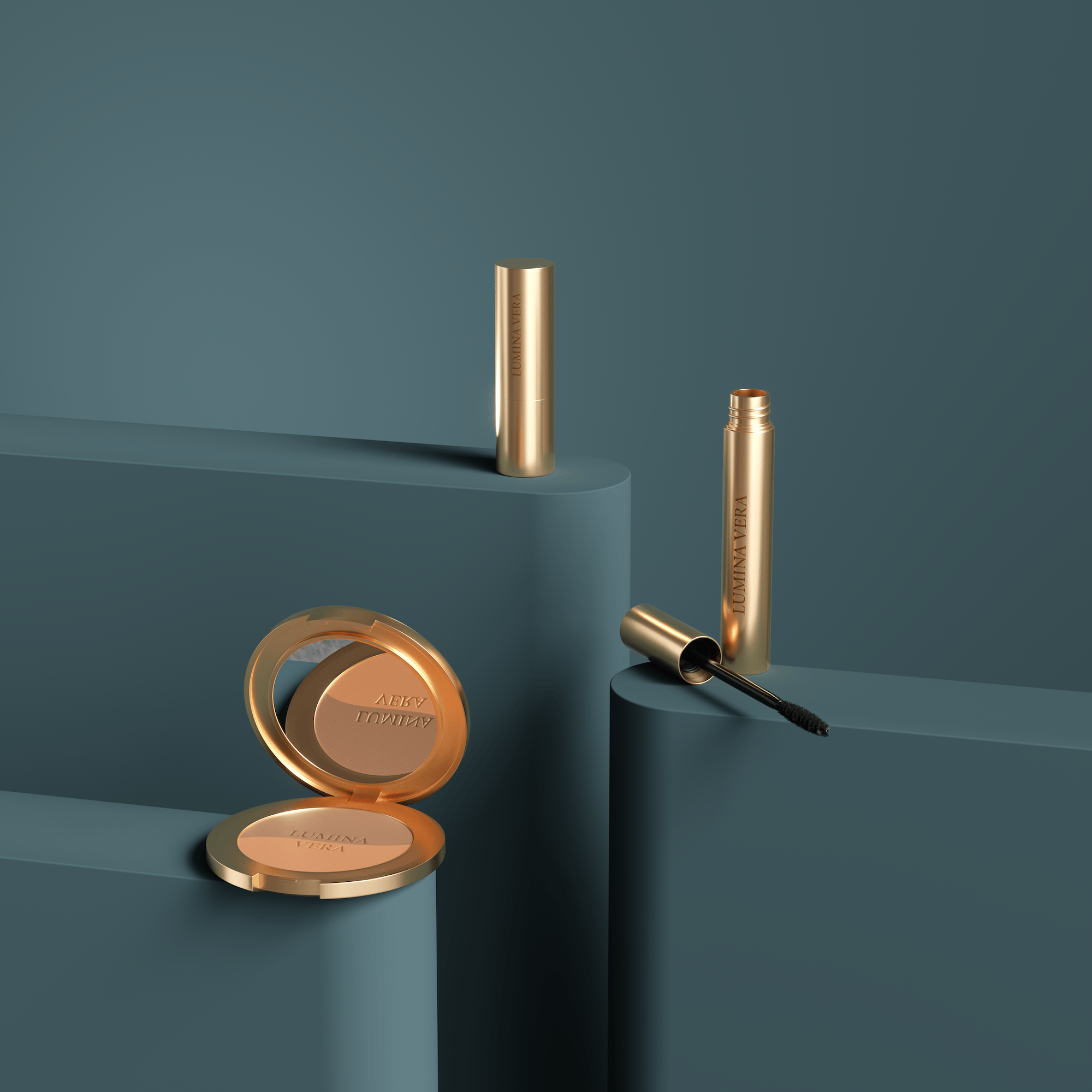 Gold makeup set with powder compact and mascara staged on teal podiums — luxury cosmetics scene rendered by loomobox
