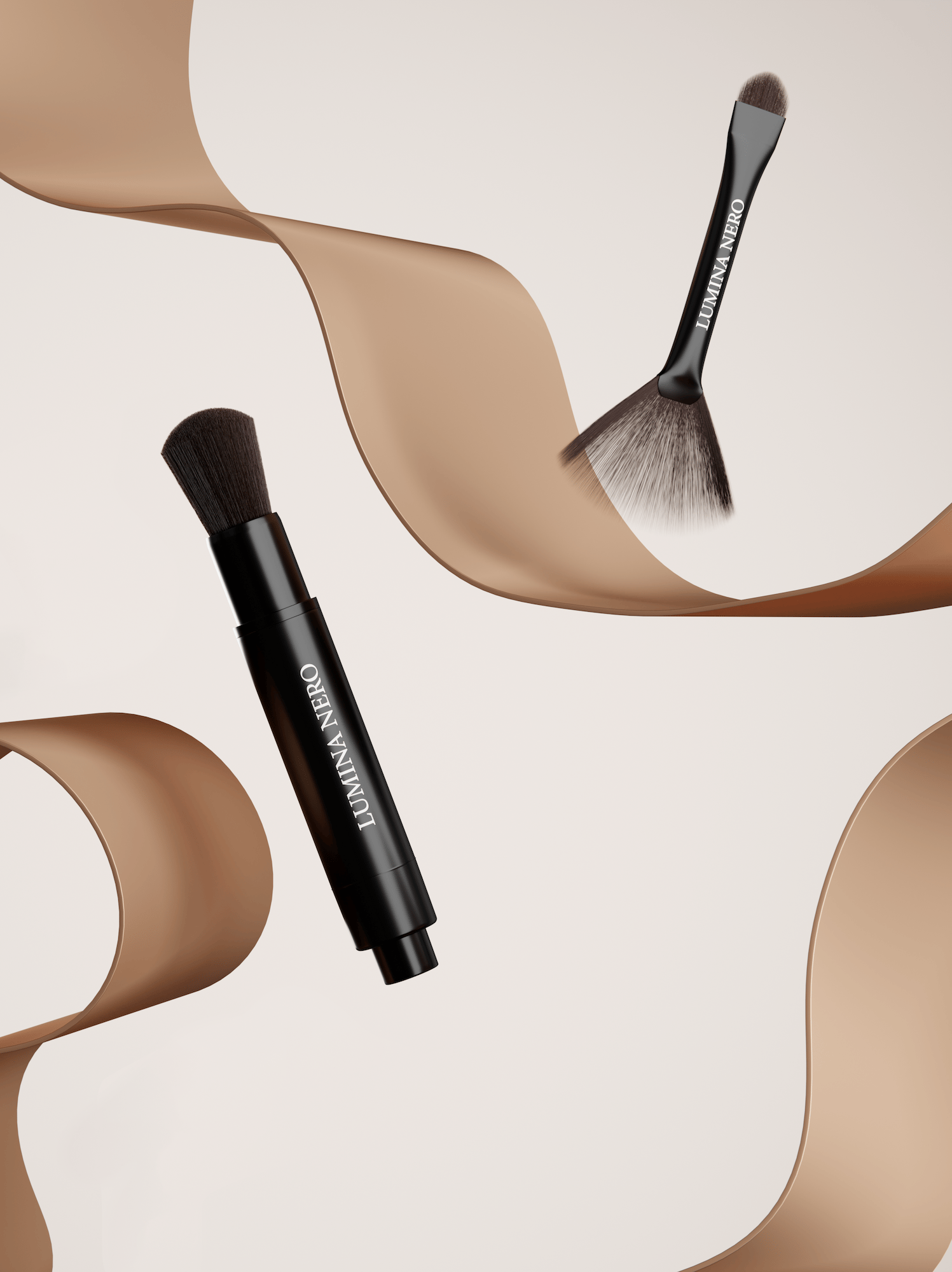 Black Lumina Nero makeup brushes floating between flowing nude ribbons — photorealistic 3D scene from loomobox