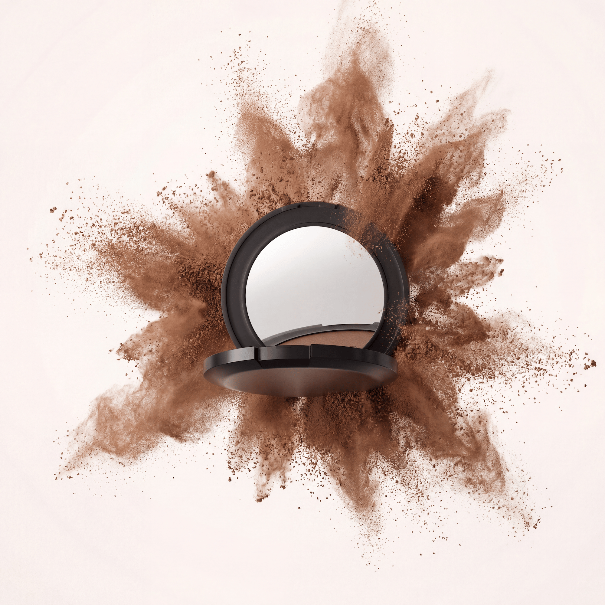 Open powder compact with mirror amid an explosive cloud of bronze powder — dynamic makeup visual, 3D-rendered by loomobox