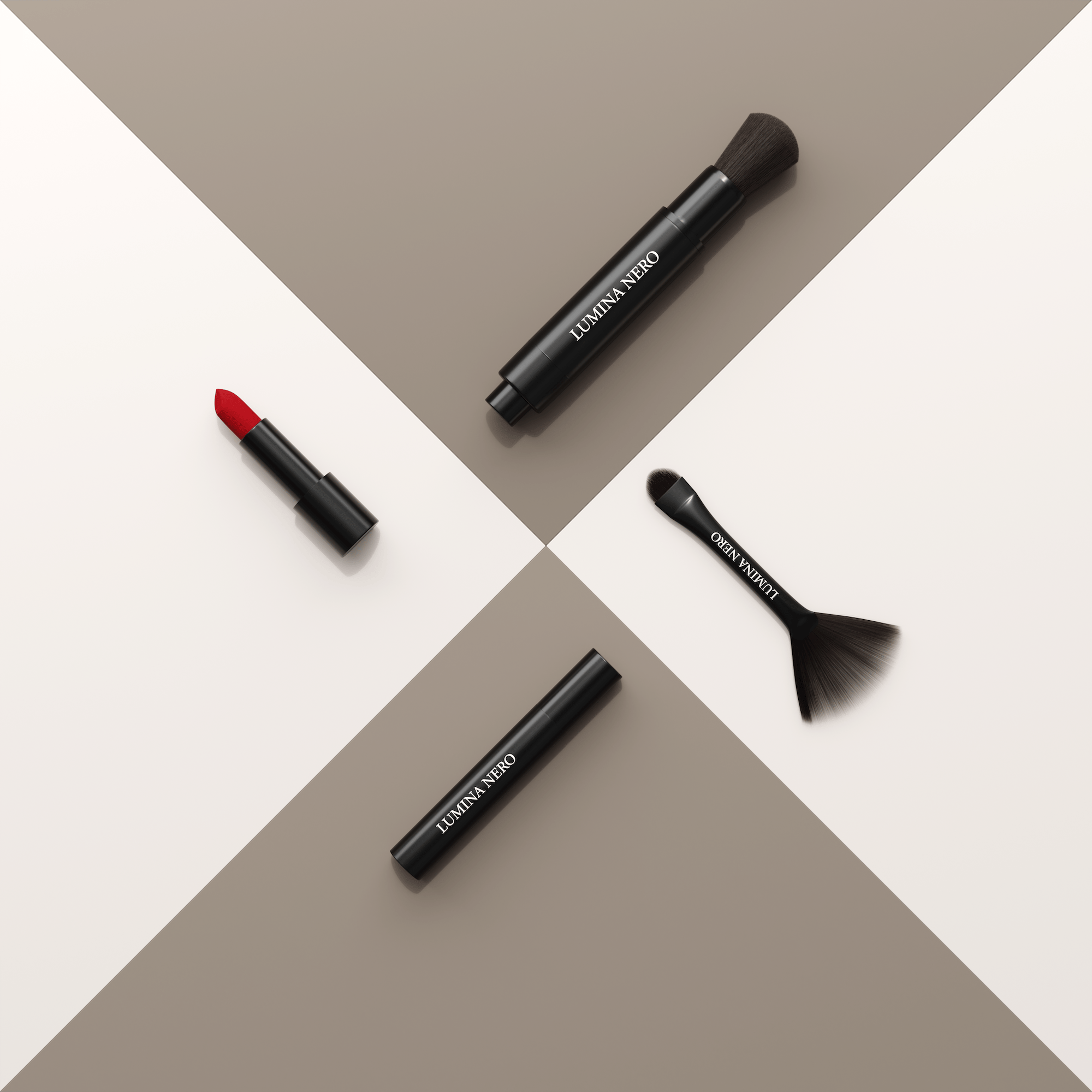 Lumina Nero makeup flat lay with red lipstick, mascara and brushes on graphic taupe-white triangles — created with loomobox