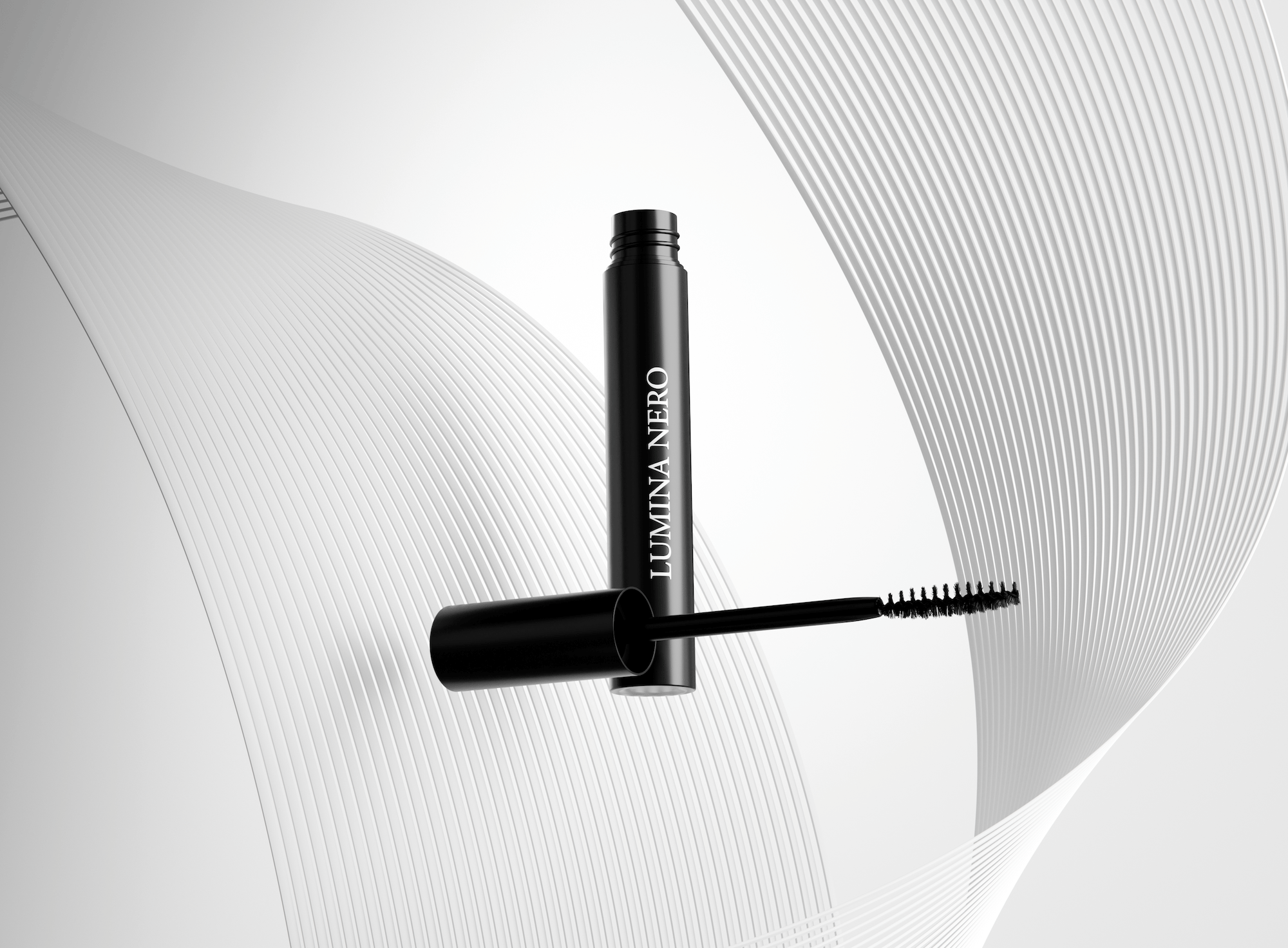 Lumina Nero mascara with open wand floating against sculptural white curves, 3D cosmetics render from loomobox