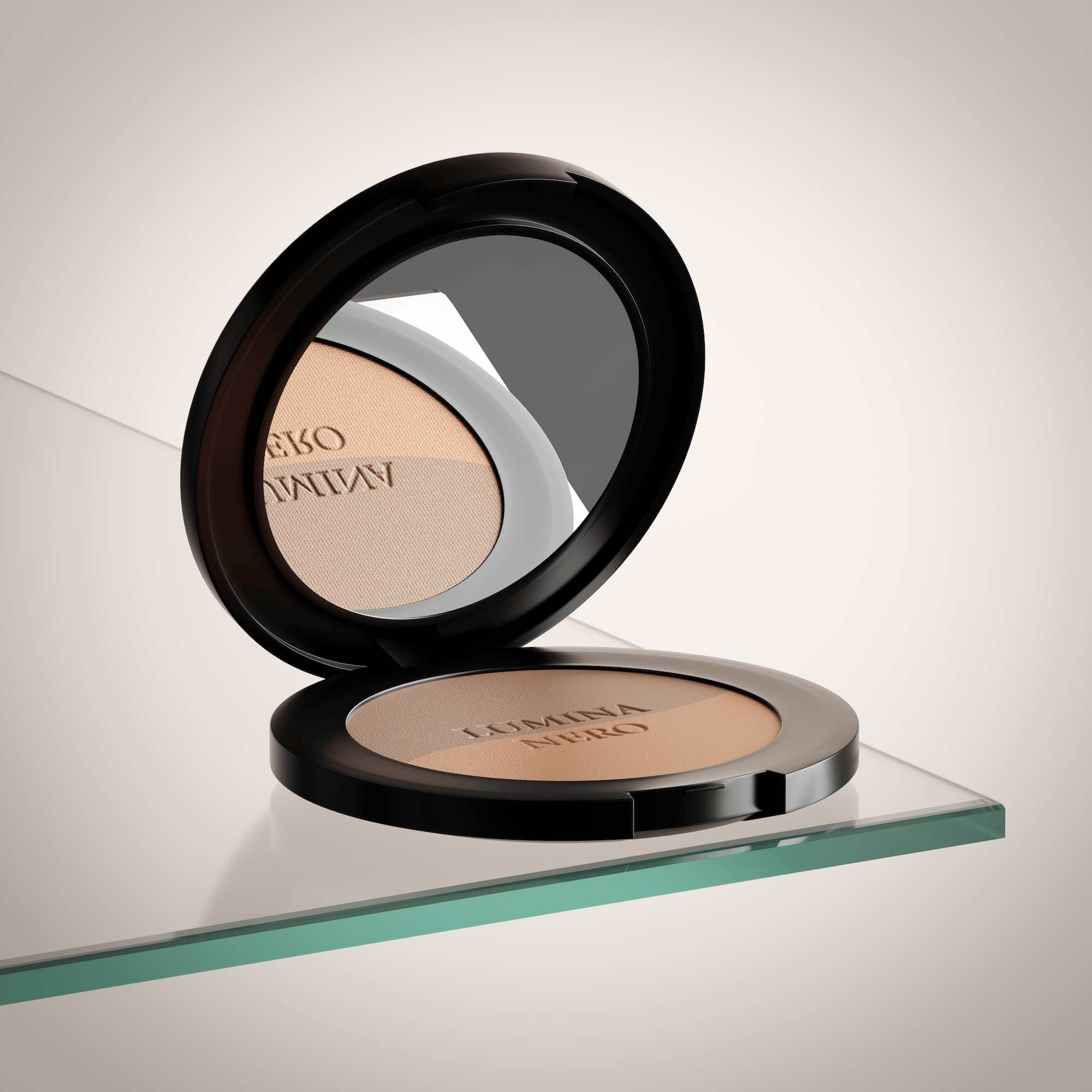 Open Lumina Nero duo powder compact with mirror resting on a glass edge — studio close-up, AI-generated with loomobox