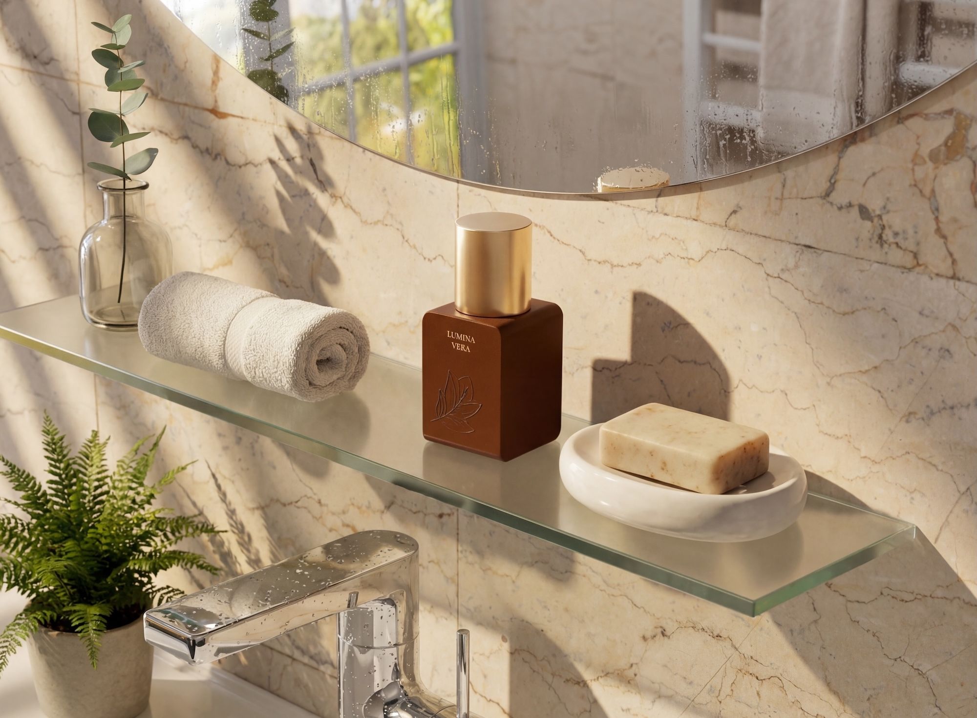 Lumina Vera perfume bottle on a glass shelf in a sunlit marble bathroom with towel and soap — lifestyle render by loomobox